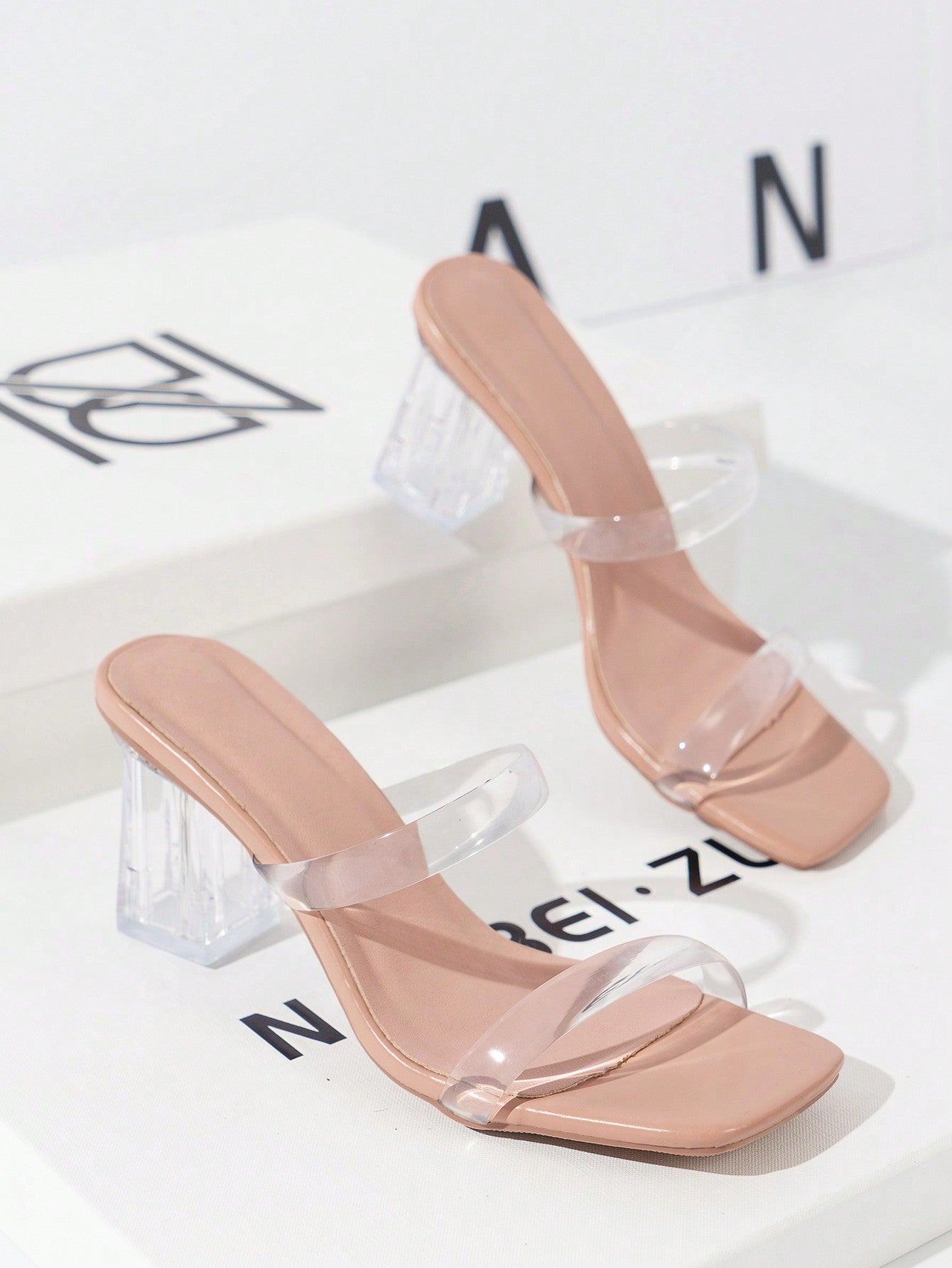 Women Double Strap Transparent Heeled Sandals With Asymmetrical Heels, Apricot. Suitable For Weddings, Holidays And Other Activities. Comfortable Silver Sandals. With Exposed Toes And Sexy Party Style. Latest Spring And Summer Design. Versatile And Comfor