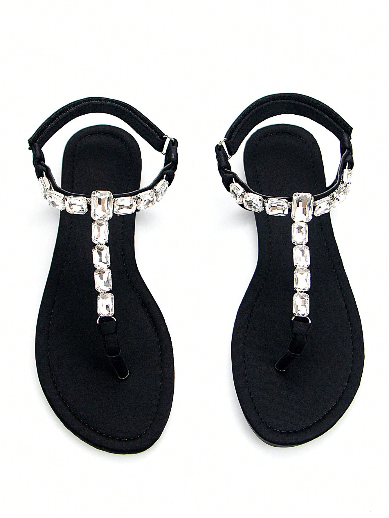 Women Rhinestone Decor Ankle Strap Thong Sandals, Glamorous Summer Flat Sandals