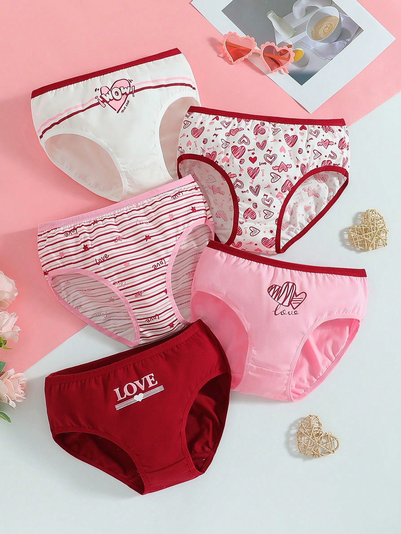 Tween Girl 5pcs Comfortable Triangle Underwear With Letter And Heart Print