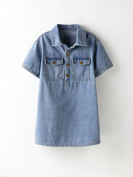 Tween Girl Casual Short Sleeve Denim Dress For Everyday Wear In Spring And Summer