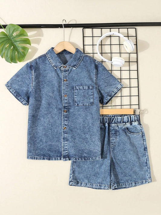 Tween Boy Solid Color Denim Short Sleeve Shirt With Turn-Down Collar And Button Front, And Shorts With Pockets, Casual Comfortable Simple Denim Outfits