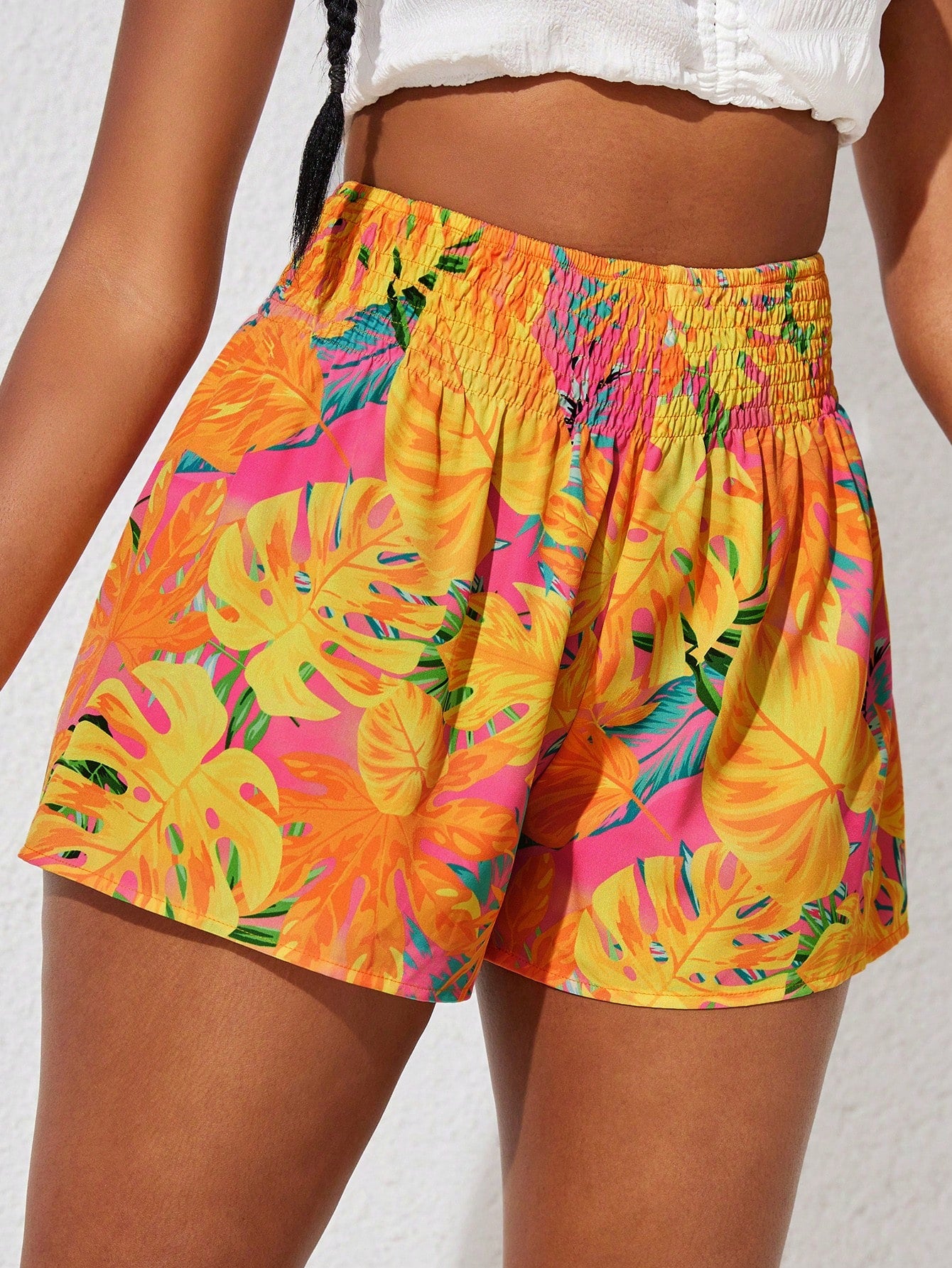 Teen Girl Crochet Belted Elastic Waist Summer Shorts With Plant Print Pattern