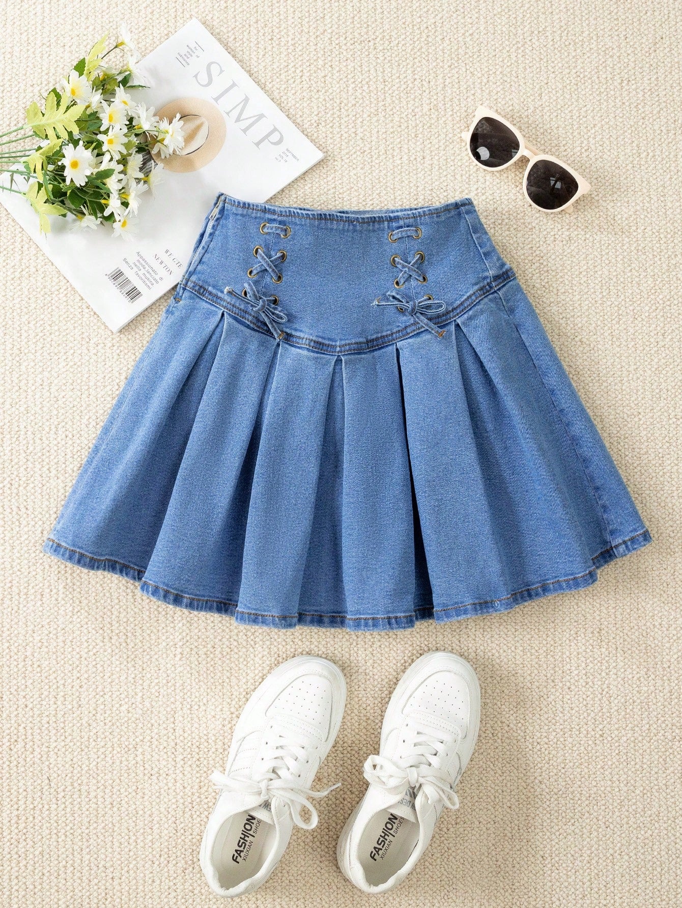 Tween Girl Fashionable Summer Casual Lace Up Pleated Denim Skirt