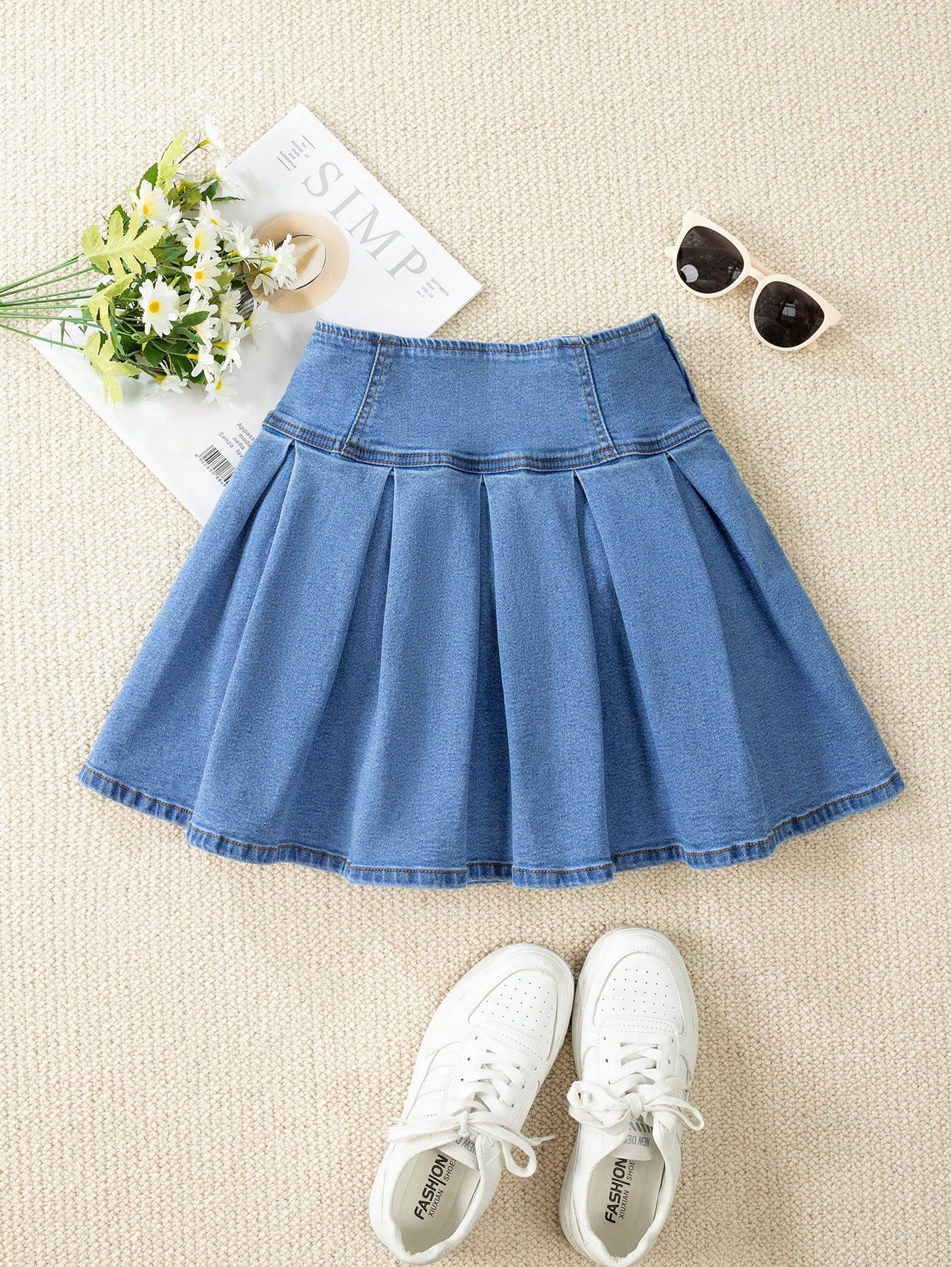 Tween Girl Fashionable Summer Casual Lace Up Pleated Denim Skirt