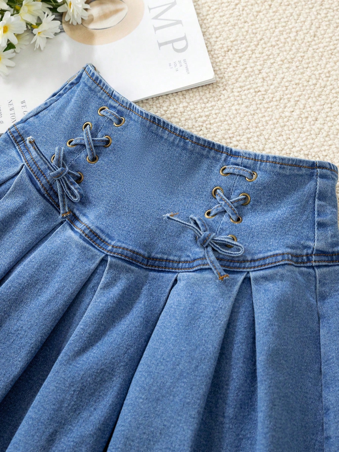 Tween Girl Fashionable Summer Casual Lace Up Pleated Denim Skirt