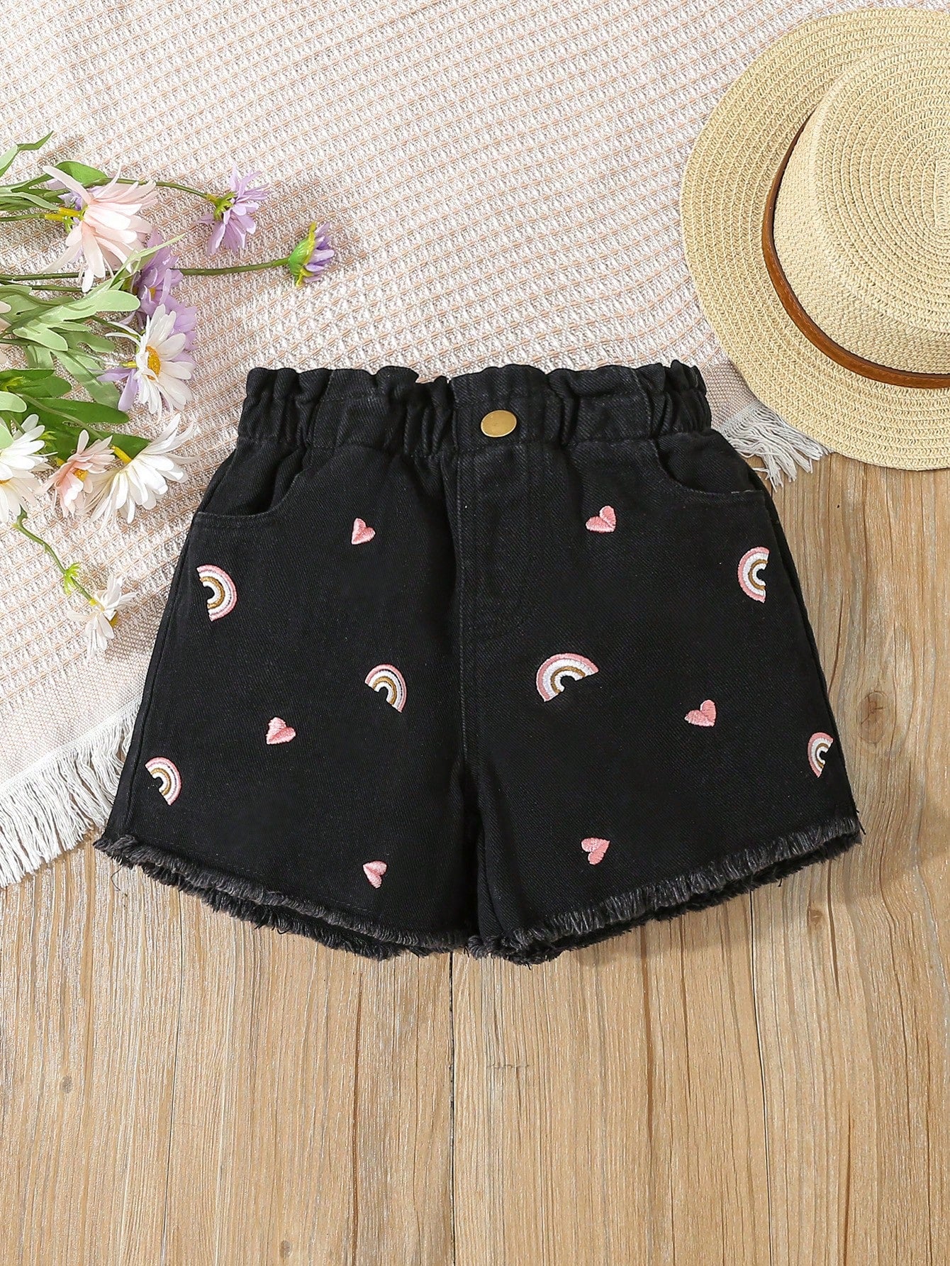 Young Girl Heart & Rainbow Embroidery Denim Shorts