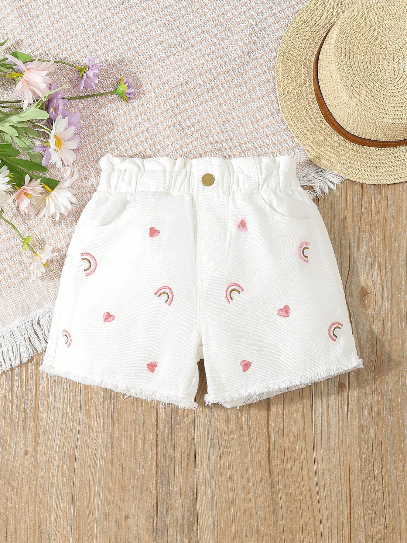 Young Girls Heart & Rainbow Embroidered Denim Shorts For Summer