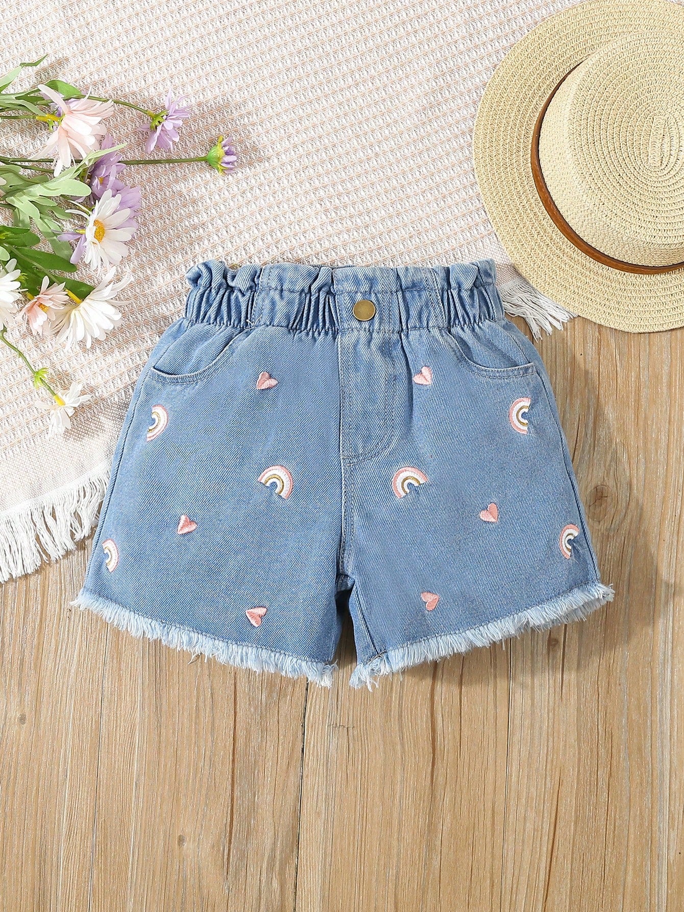 Young Girls Heart & Rainbow Embroidered Denim Shorts For Summer