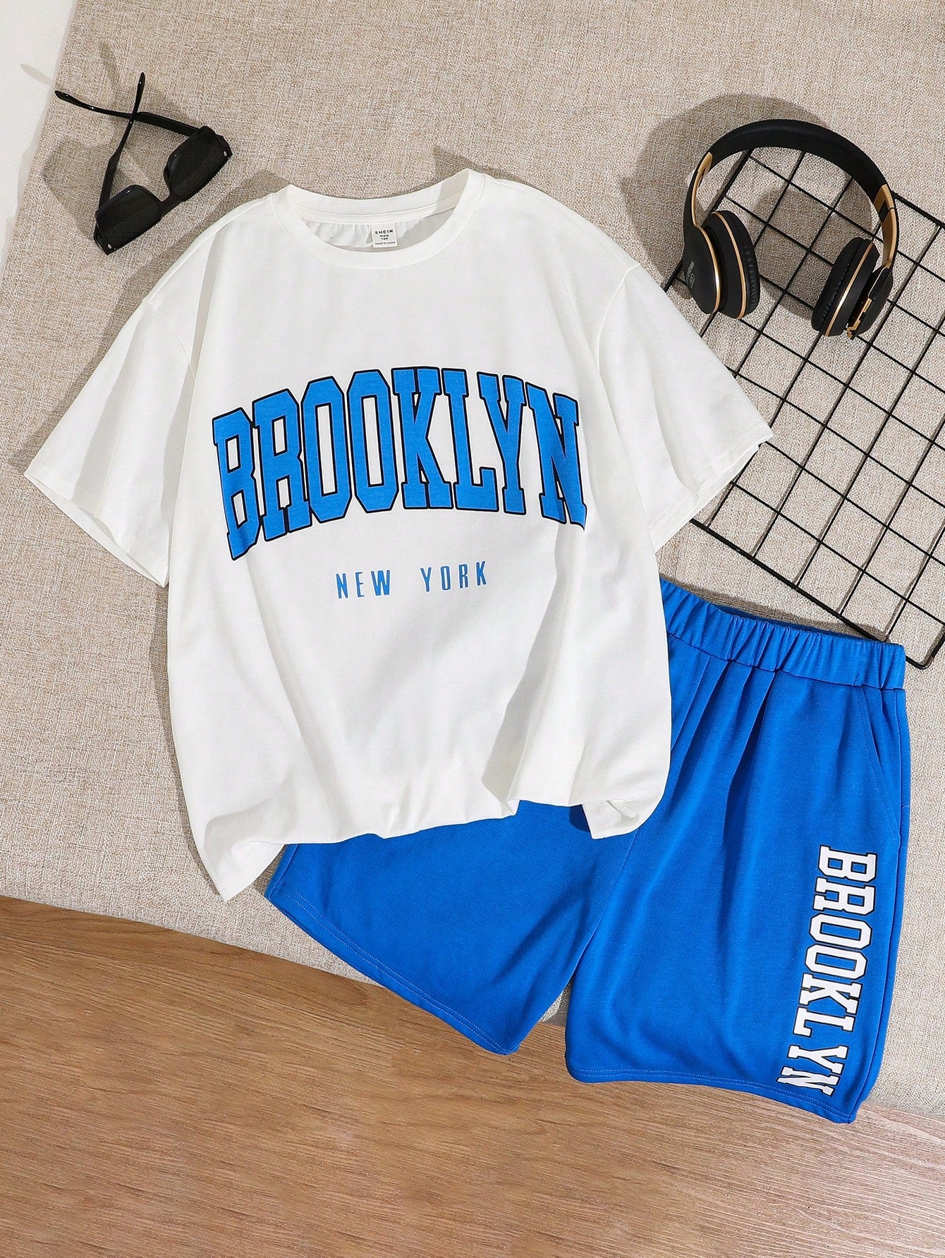 Tween Boy Extended Size Casual Letter Printed Round Neck Short Sleeve T-Shirt And Knitted Shorts Set