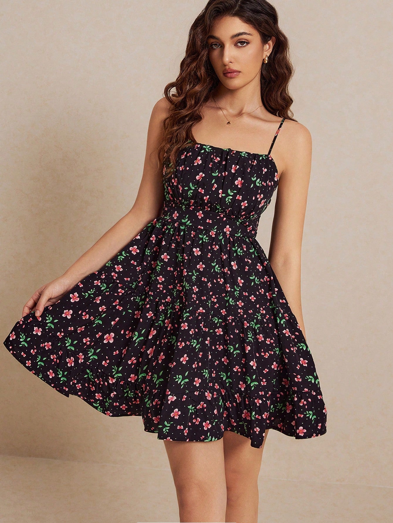 Frenchy Floral Print Ruched Bust Cami Dress Vacation Summer Short Dress Bridgerton