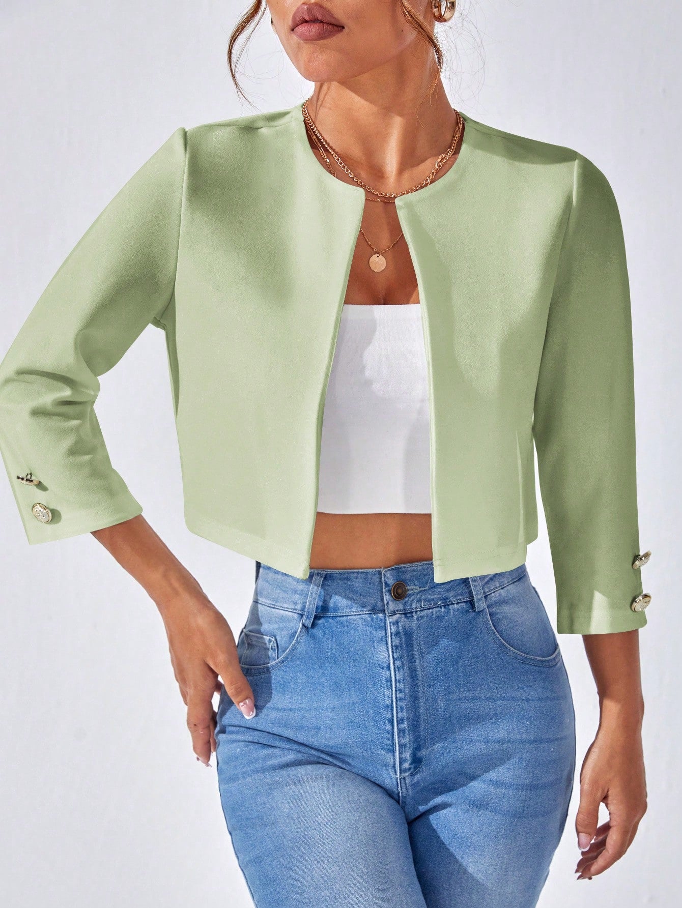 1pc Solid Open Front Crop Jacket