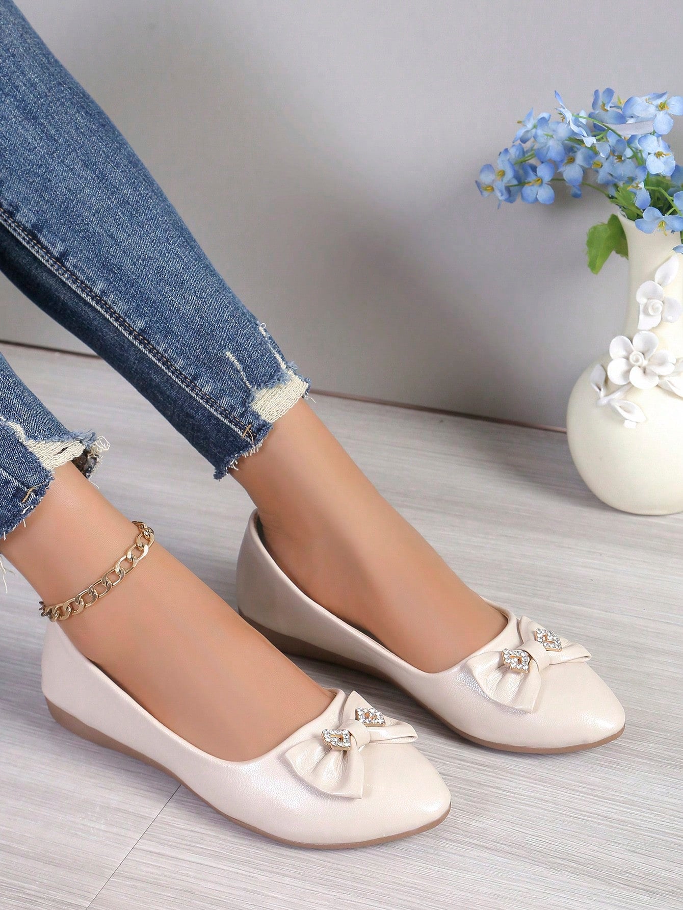 Women's Comfortable Spring/Autumn Round Toe Flat Shoes, Soft Sole Work Shoes, Fashionable Bowknot Bowknot Shoes For Mother, Low-Cut