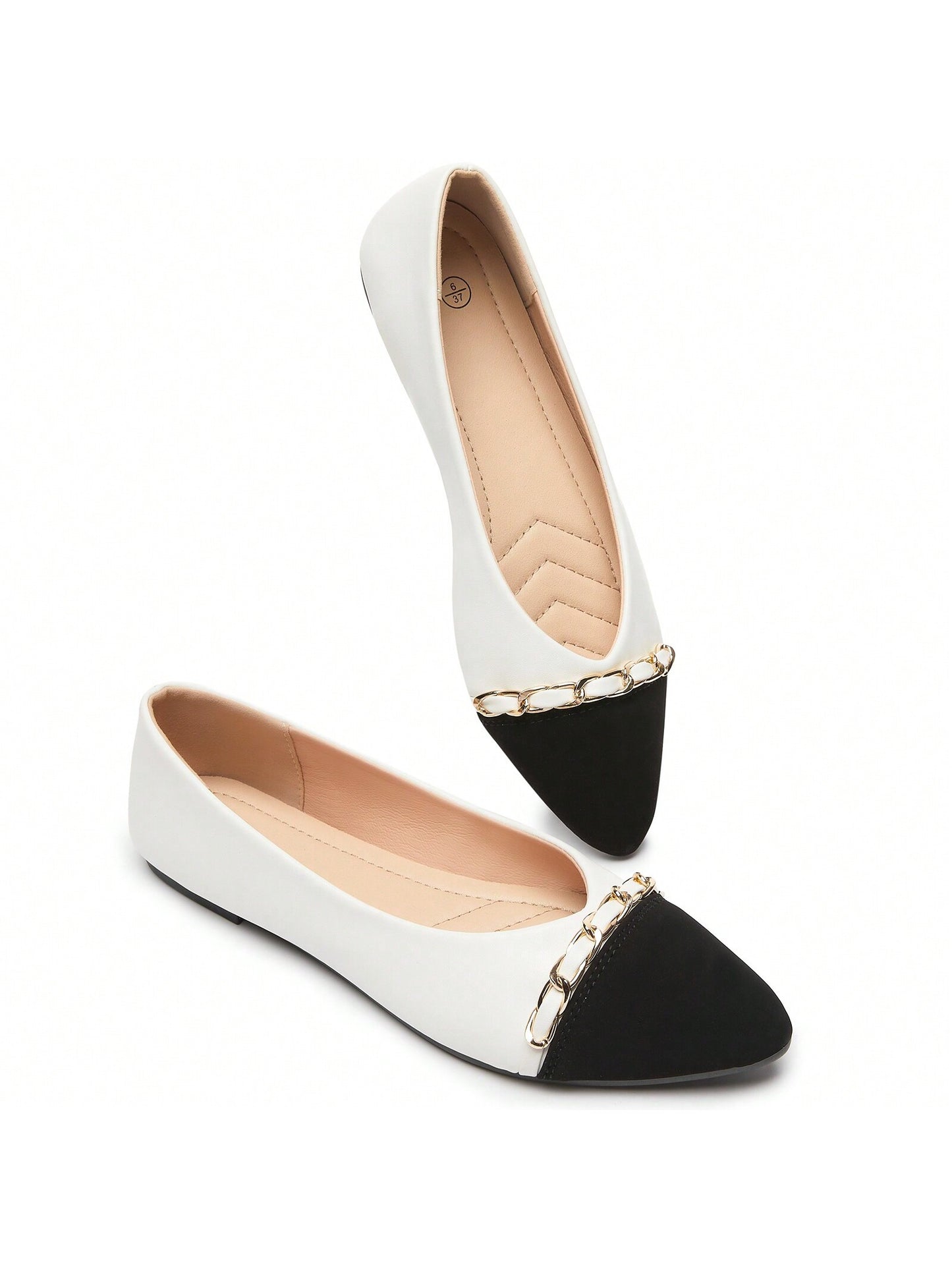 Women's PU Leather Flats Shoes,Black And White Dress Shoes,Crimping Faux Suede Pointed-Toe Flats