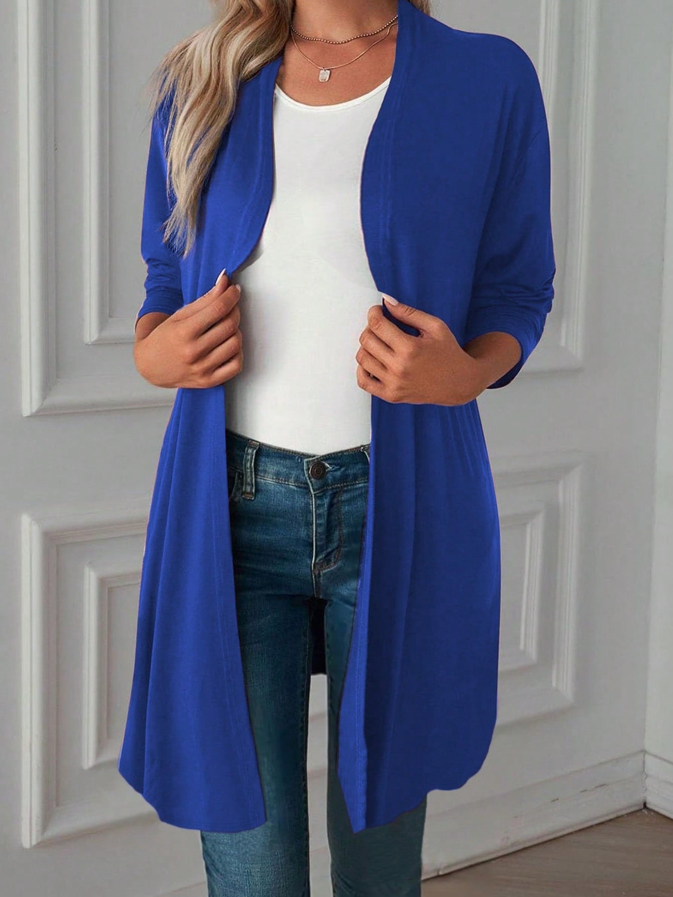 Plus Size Solid Color Casual Long Cardigan With Front Open Design