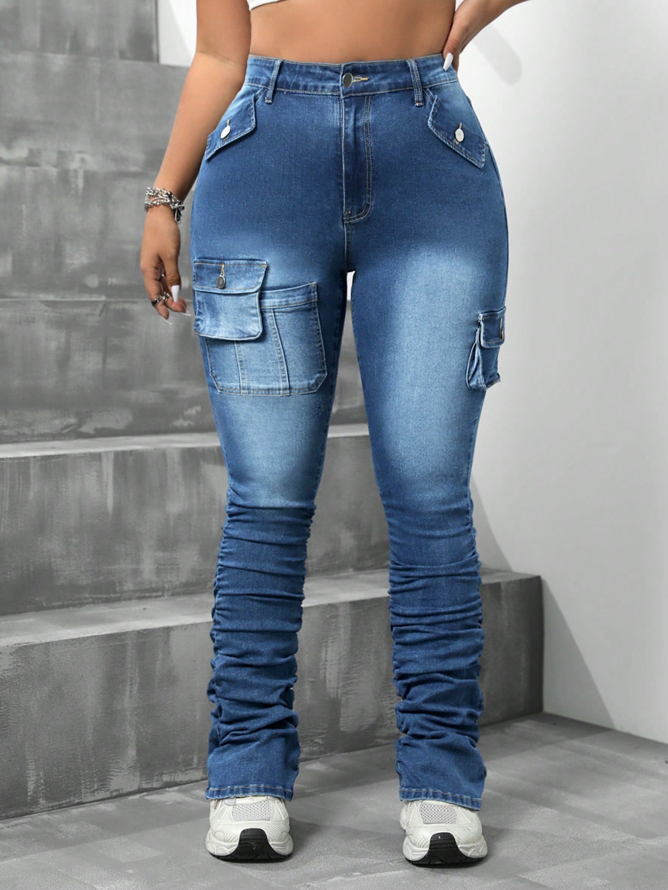 Plus Size Women's Casual Denim Pants With Pockets And Pleated Design