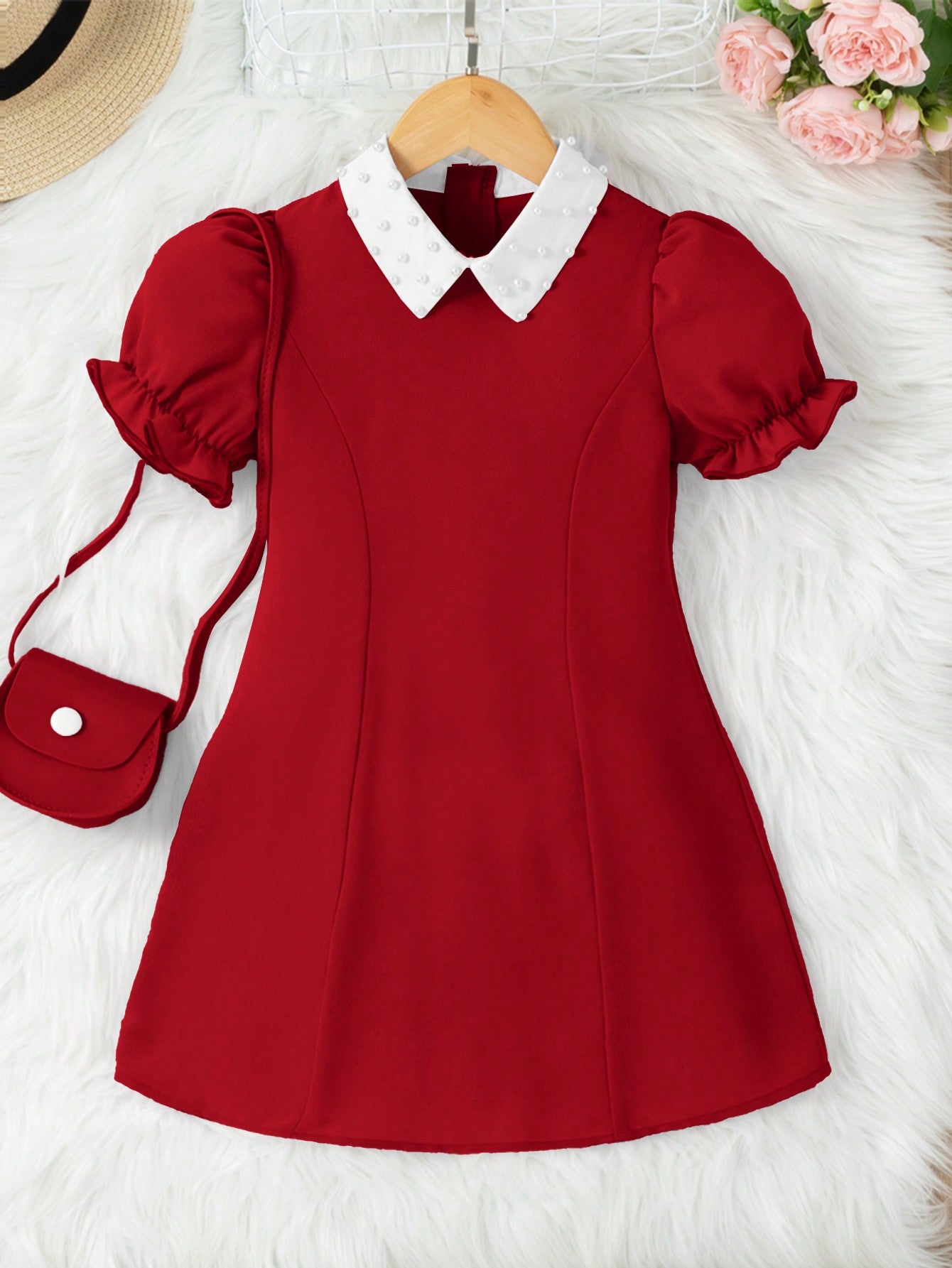 Young Girls' White Pearl Puff Sleeve Dress