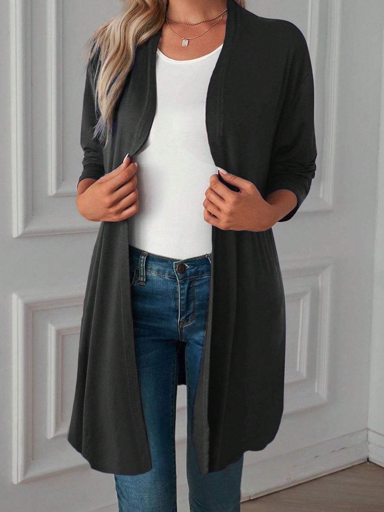 Plus Size Solid Color Casual Long Cardigan With Front Open Design