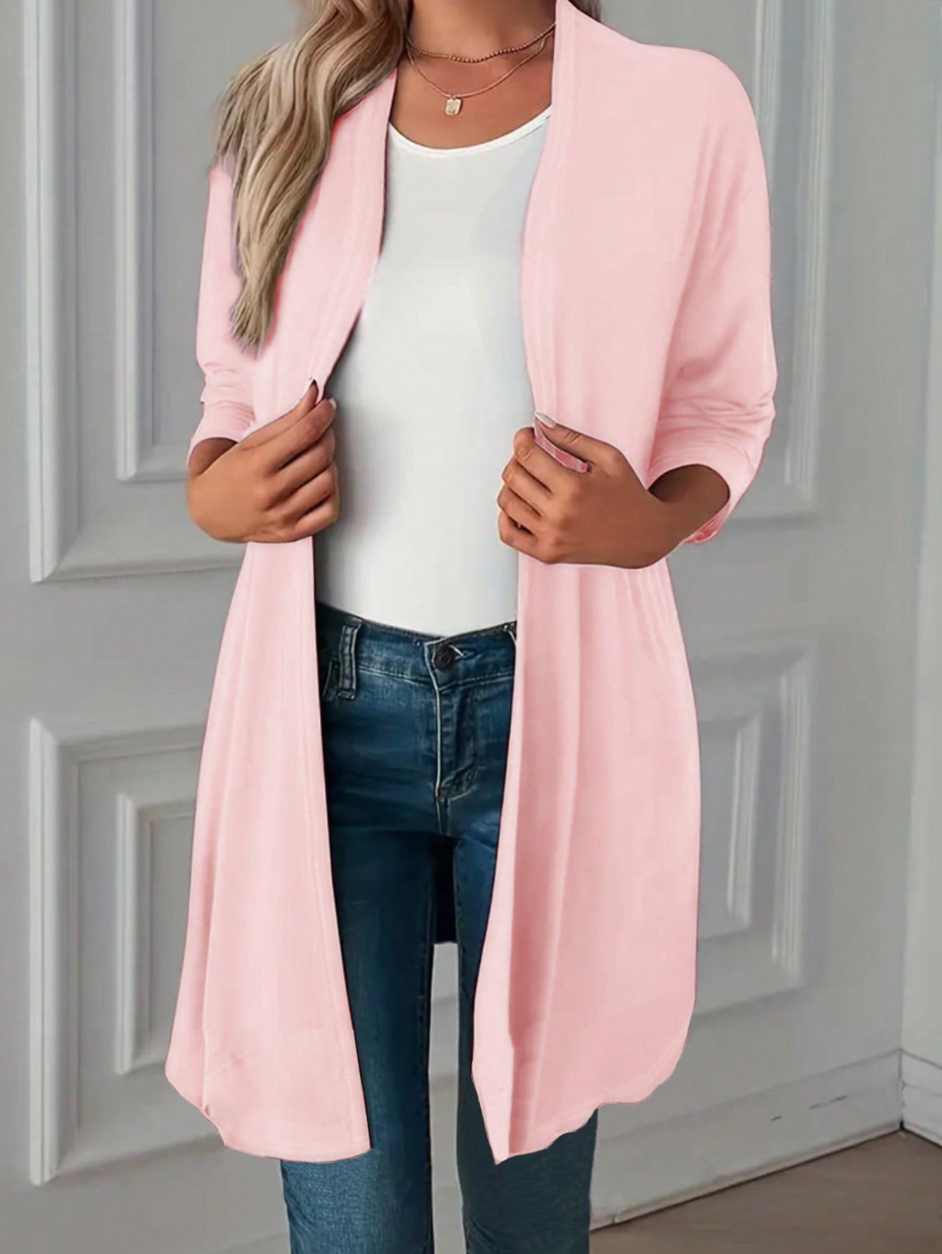 Plus Size Solid Color Casual Long Cardigan With Front Open Design