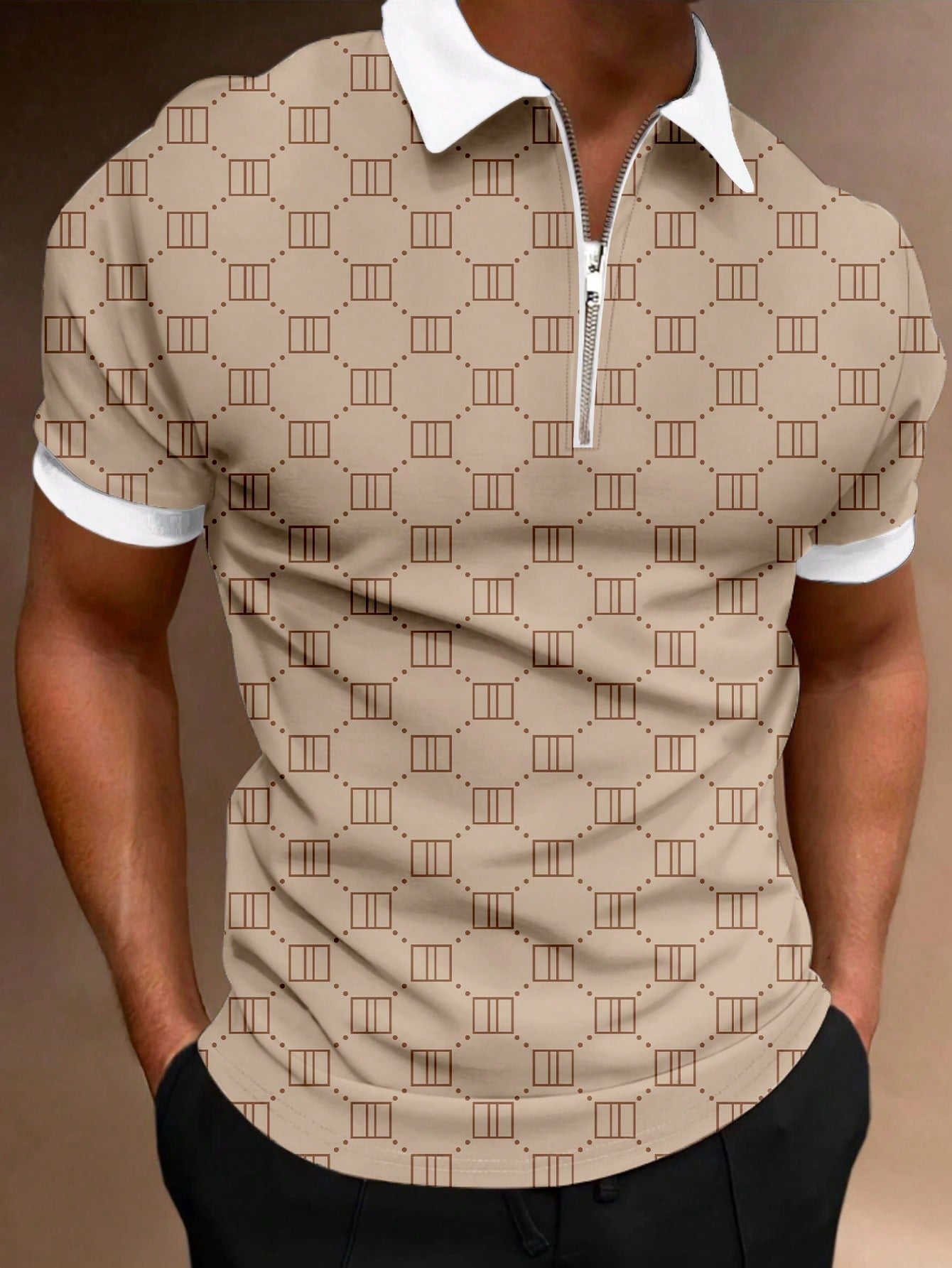 Men Summer Casual Color Block Geometric Printed Short Sleeve Polo Shirt