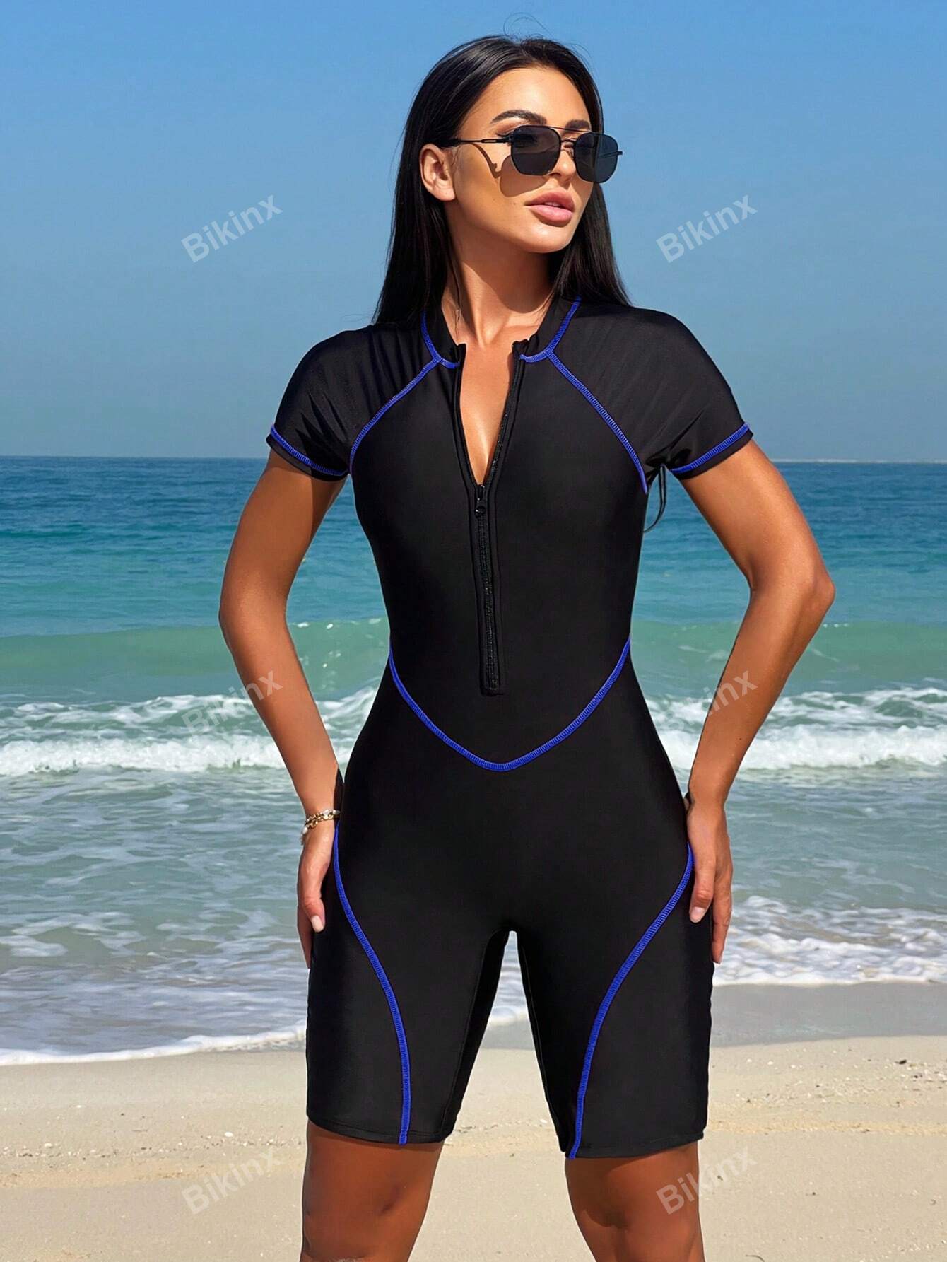 Solid Color Surfing Suit With Contrast Trim, Front Zipper And Slim Edges