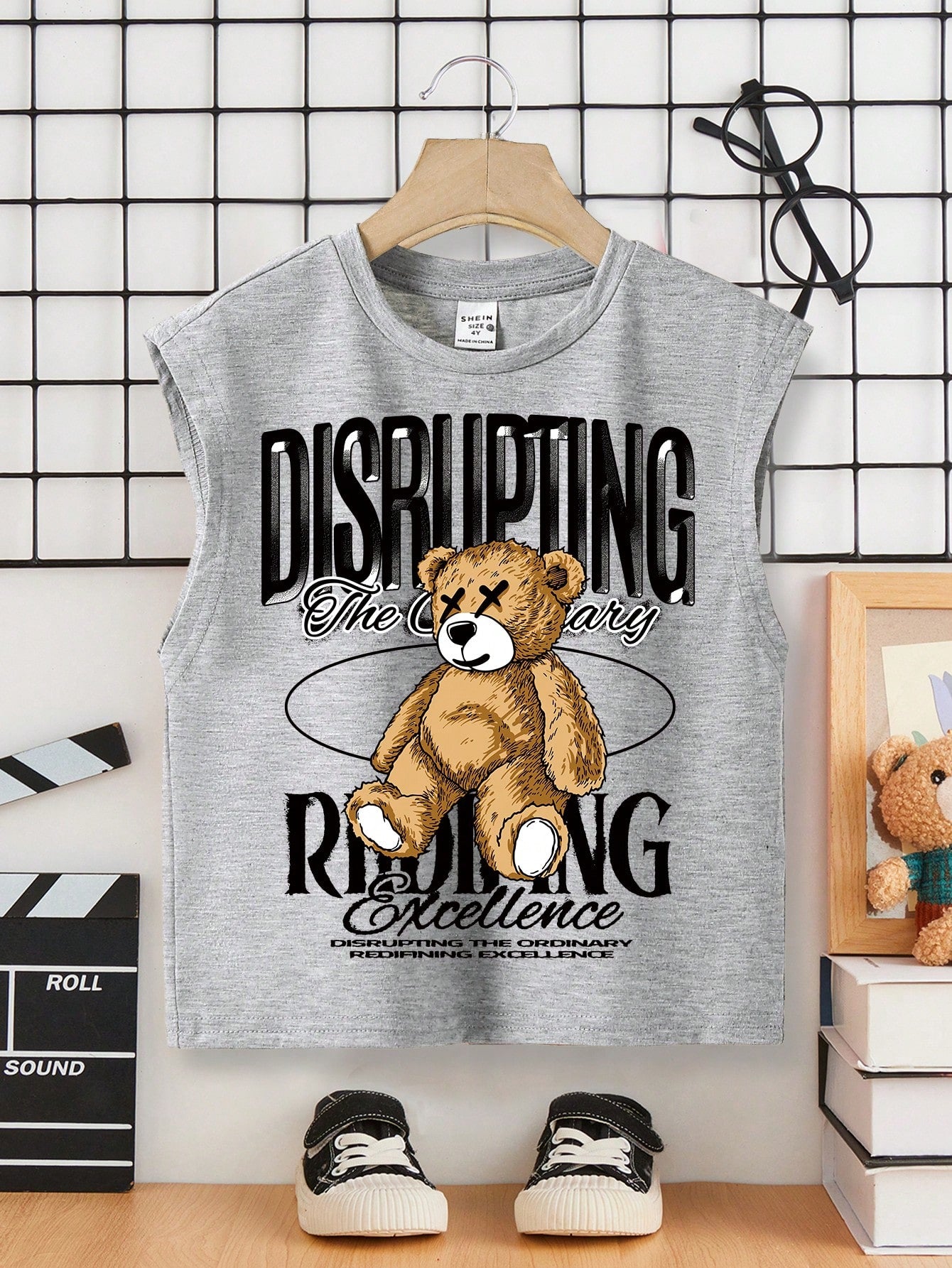 Young Boy Casual Simple Letter Cartoon Bear Printed Sleeveless Tank Top Suitable For Summer