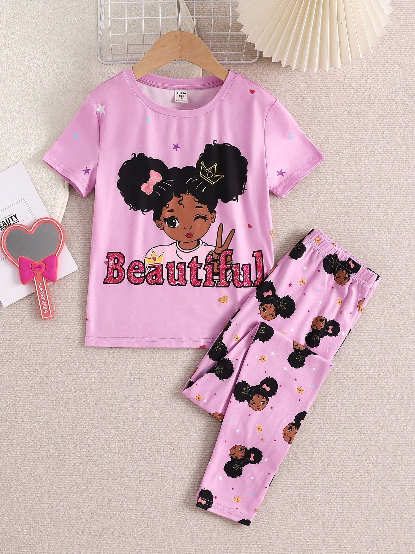 Tween Girl Snug Fit Cartoon Printed Short Sleeve Top And Long Pant, Cute & Breathable Knitted Home Pajama Set, 2pcs