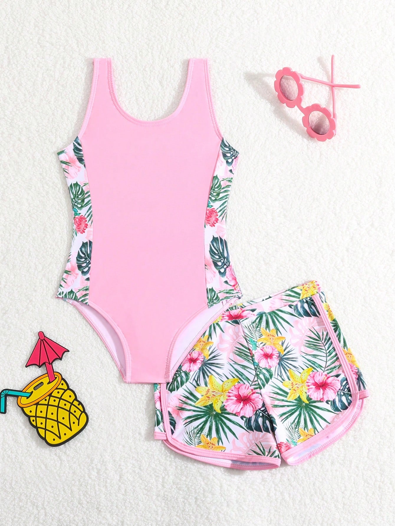 Young Girls' Plant Printed Patchwork One-Piece Swimsuit With Dolphin Shorts Two-Piece Swimwear Set