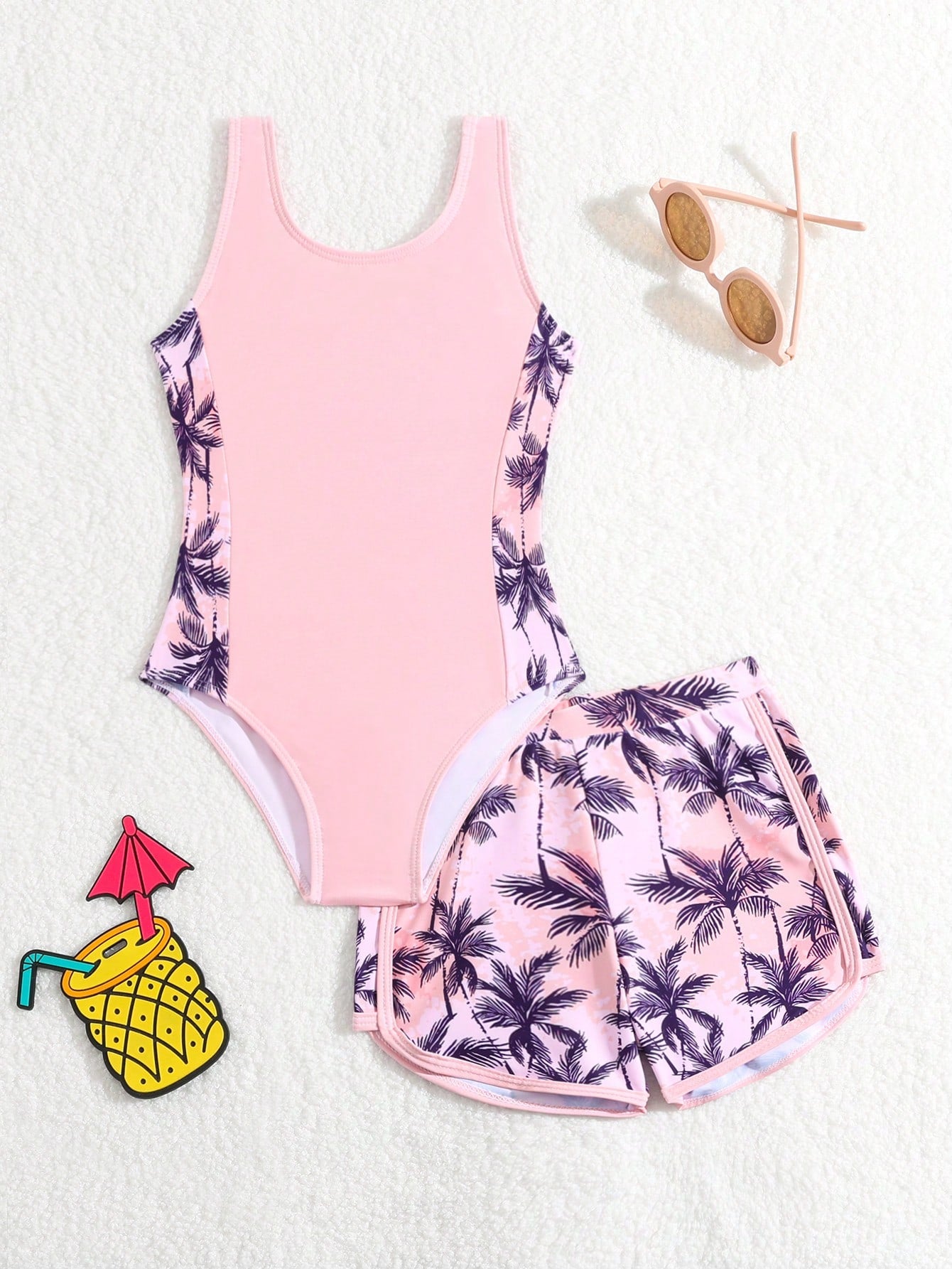 Young Girls' Plant Printed Patchwork One-Piece Swimsuit With Dolphin Shorts Two-Piece Swimwear Set