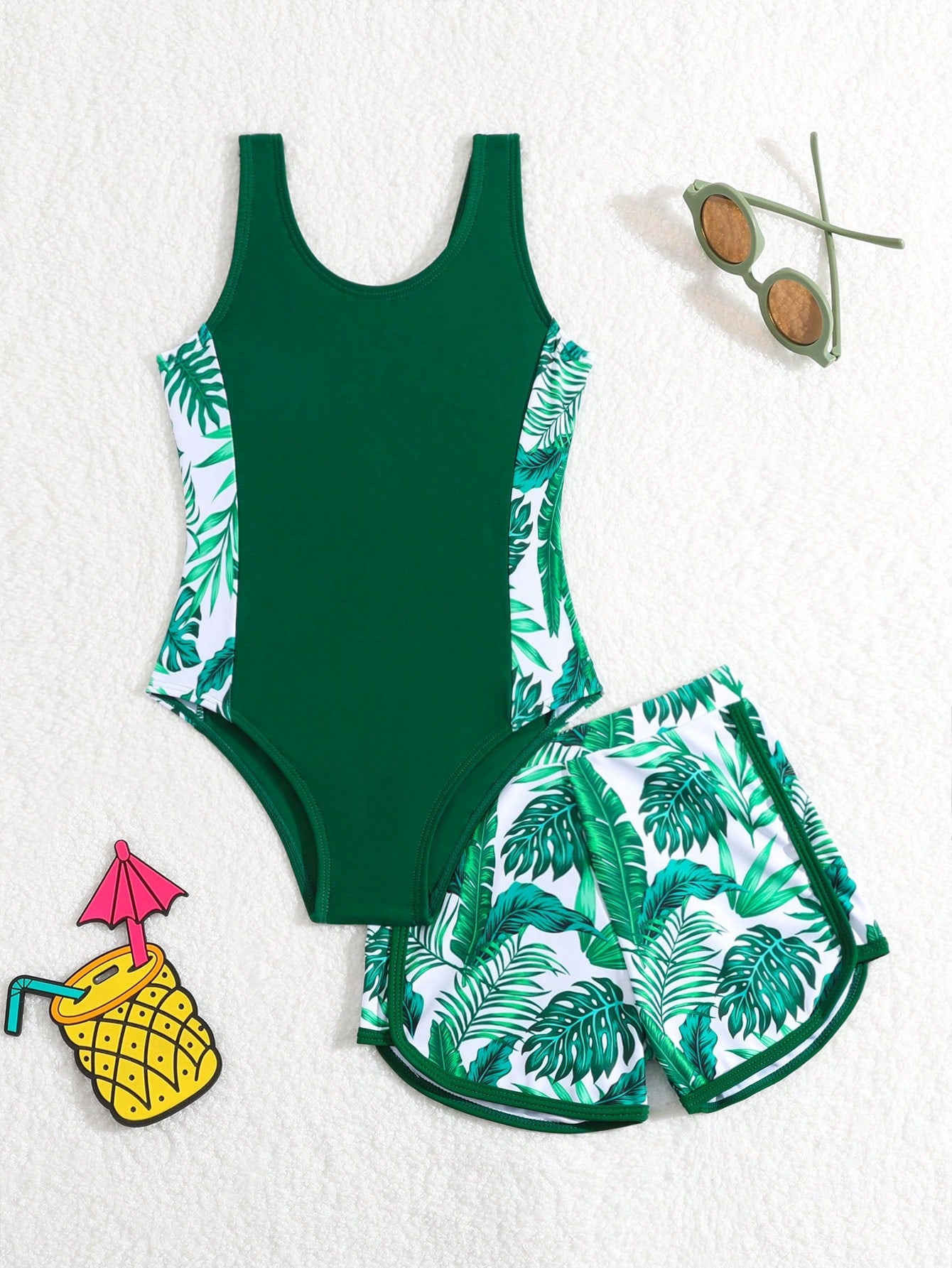 Young Girls' Tropical Print One-Piece Swimsuit With Swimming Trunks 2pcs/Set