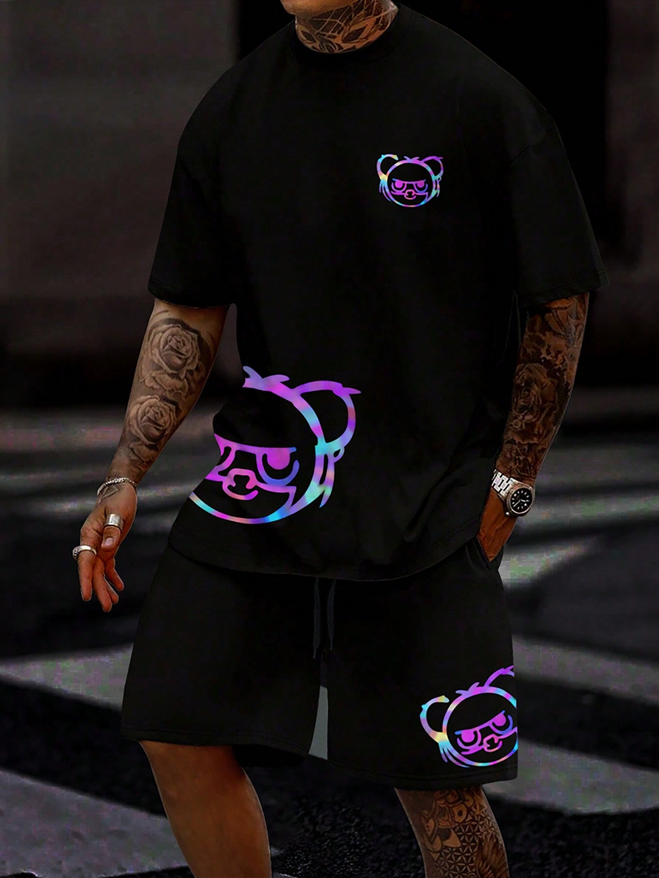 Men Plus Size Short Sleeve T-Shirt And Shorts Set With Cartoon Bear Print