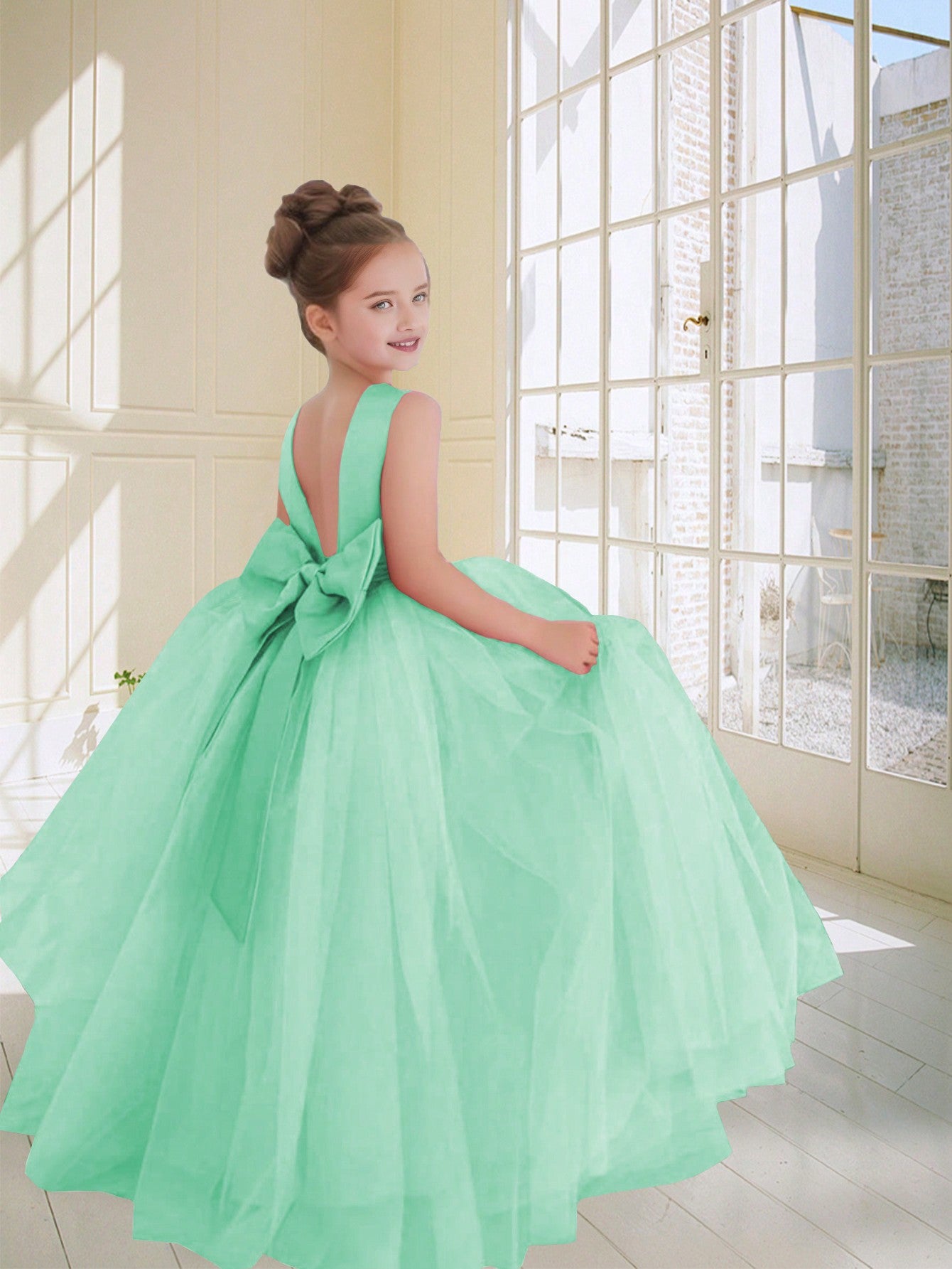 Tween Girl Elegant Bowknot Tulle Formal Dress, Suitable For Wedding And Evening Party