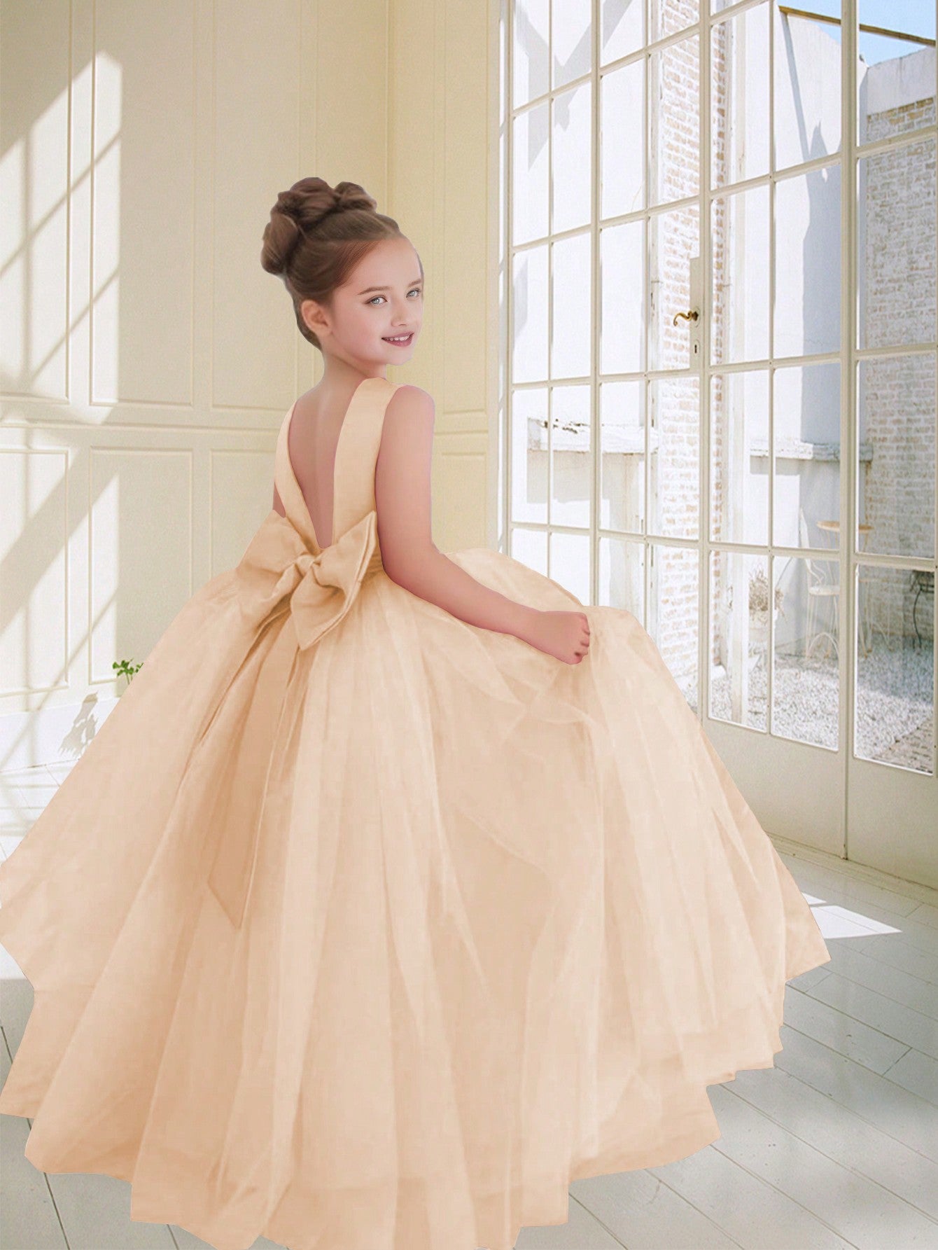 Tween Girl Elegant Bowknot Tulle Formal Dress, Suitable For Wedding And Evening Party