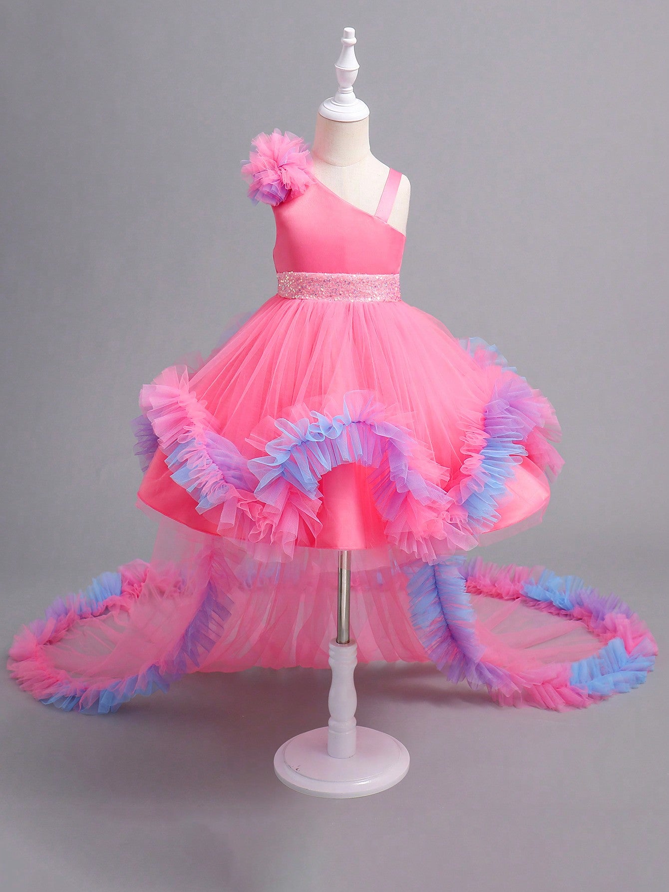 Young Girls' Asymmetrical Tulle Dress With 3d Embellishments For Wedding, Party, Festival, Birthday