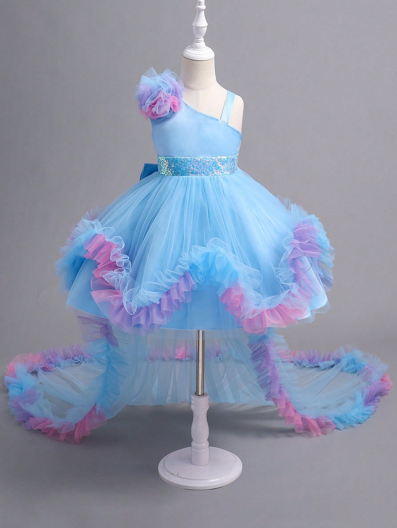 Young Girls' Asymmetrical Tulle Dress With 3d Embellishments For Wedding, Party, Festival, Birthday