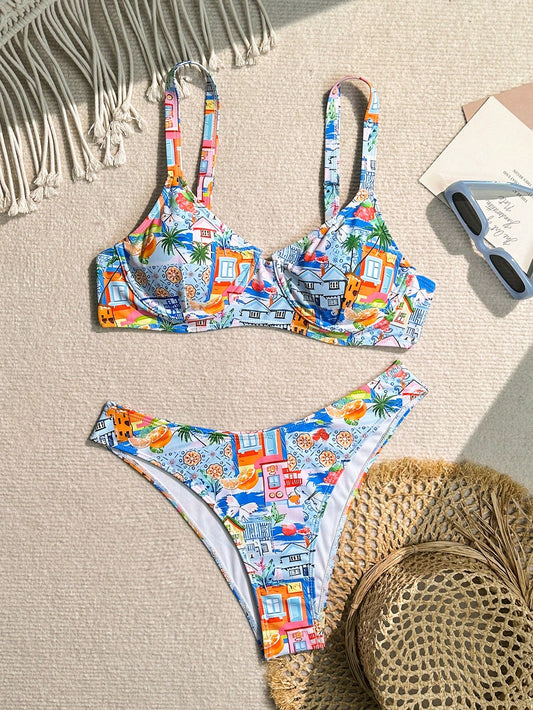 Bikinx Women Sexy Palm Tree Printed Bikini Set With Underwire, Design Sense, Perfect For Vacation