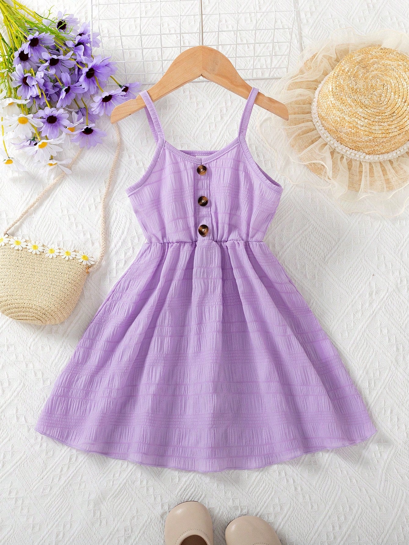 Young Girl Blue Spring Style V-neck Spaghetti Strap Dress With Rolled Edge And Gathered Waist, Summer