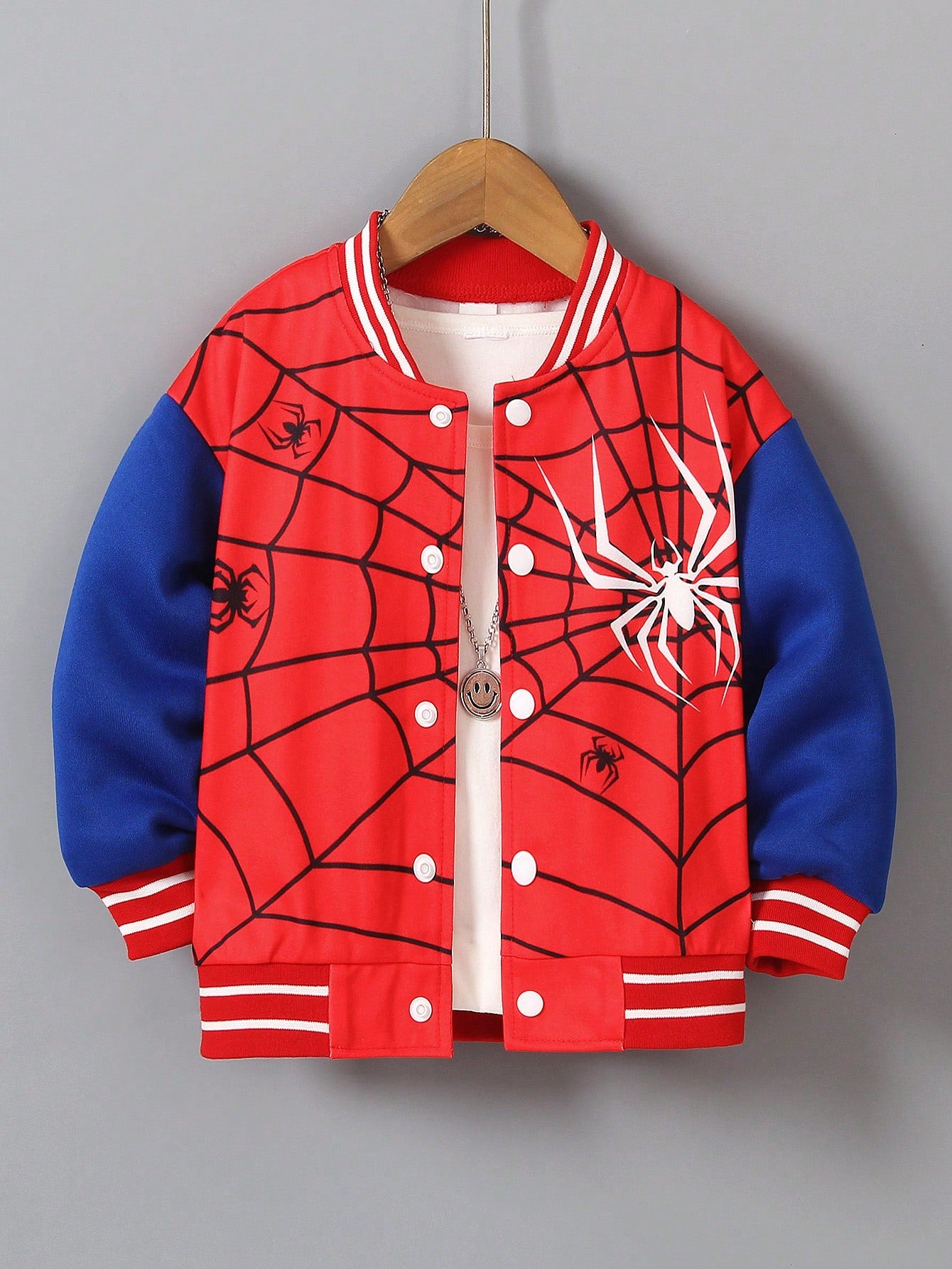 Young Boy Spider Web Print Striped Trim Varsity Jacket Without Tee