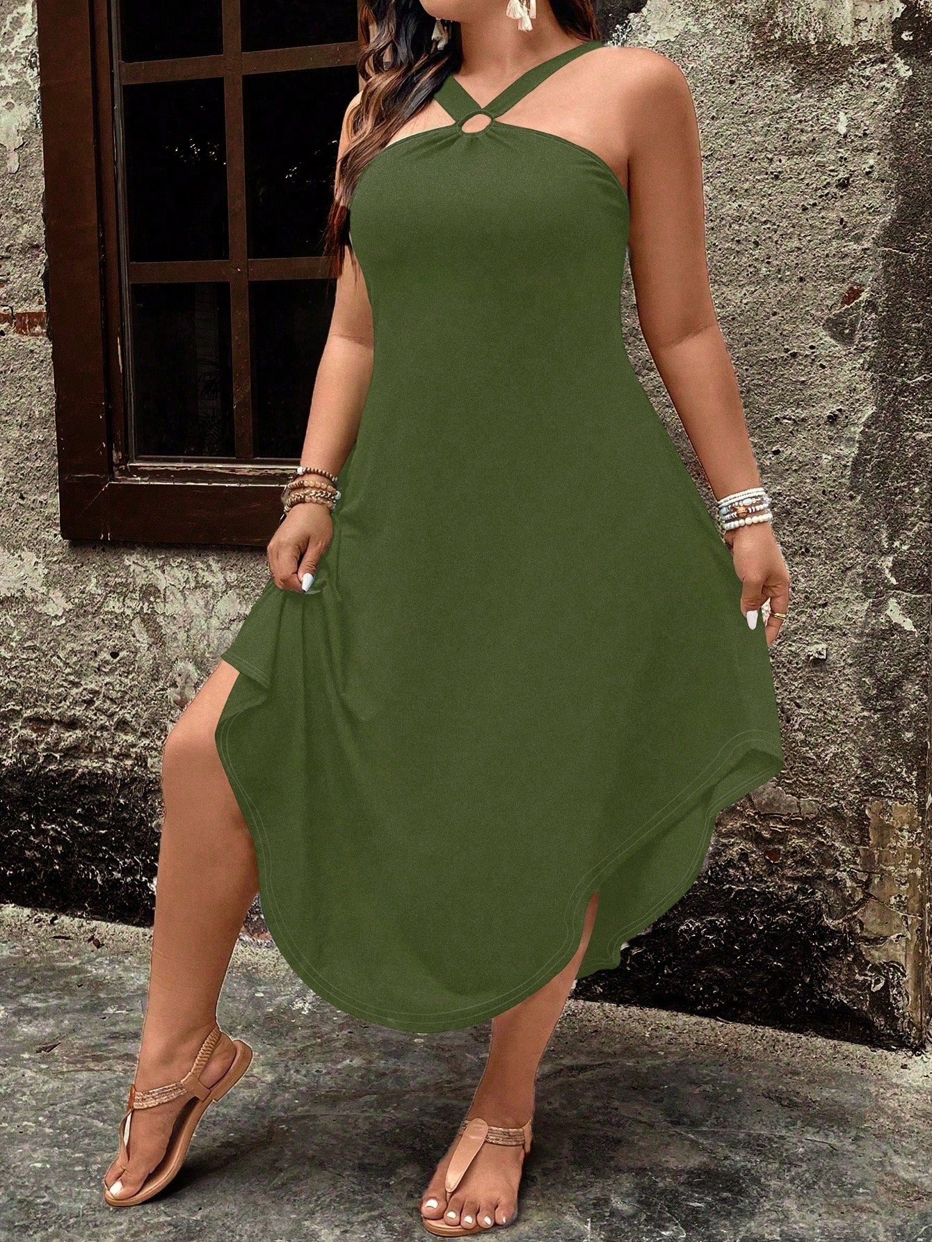 Plus Size Curved Hem Halter Neck Dress