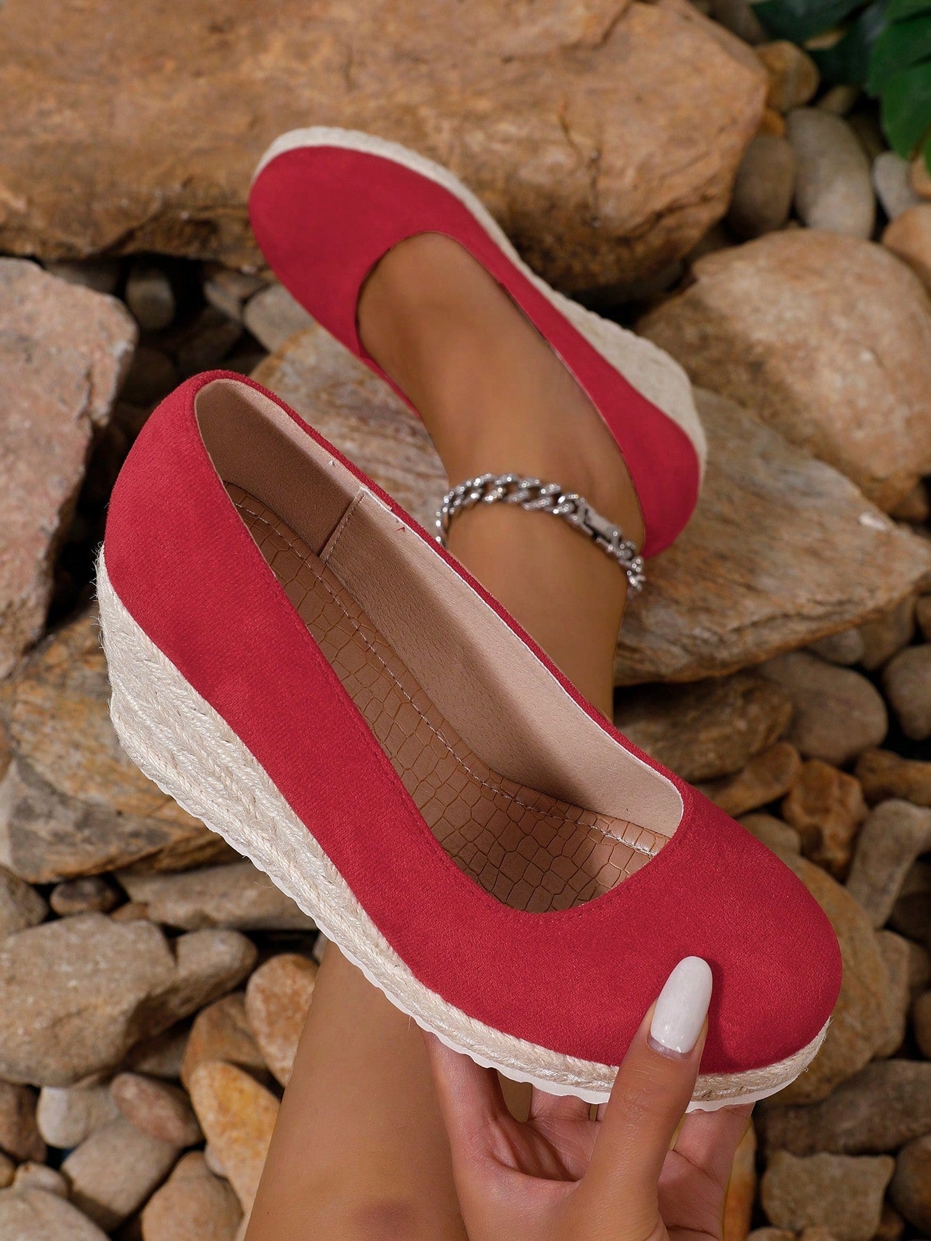 Women Thick Wedge Heel Beach Sandals, Summer Red High Heel Waterproof Platform Espadrilles, Stylish Height-Increasing Vacation Shoes