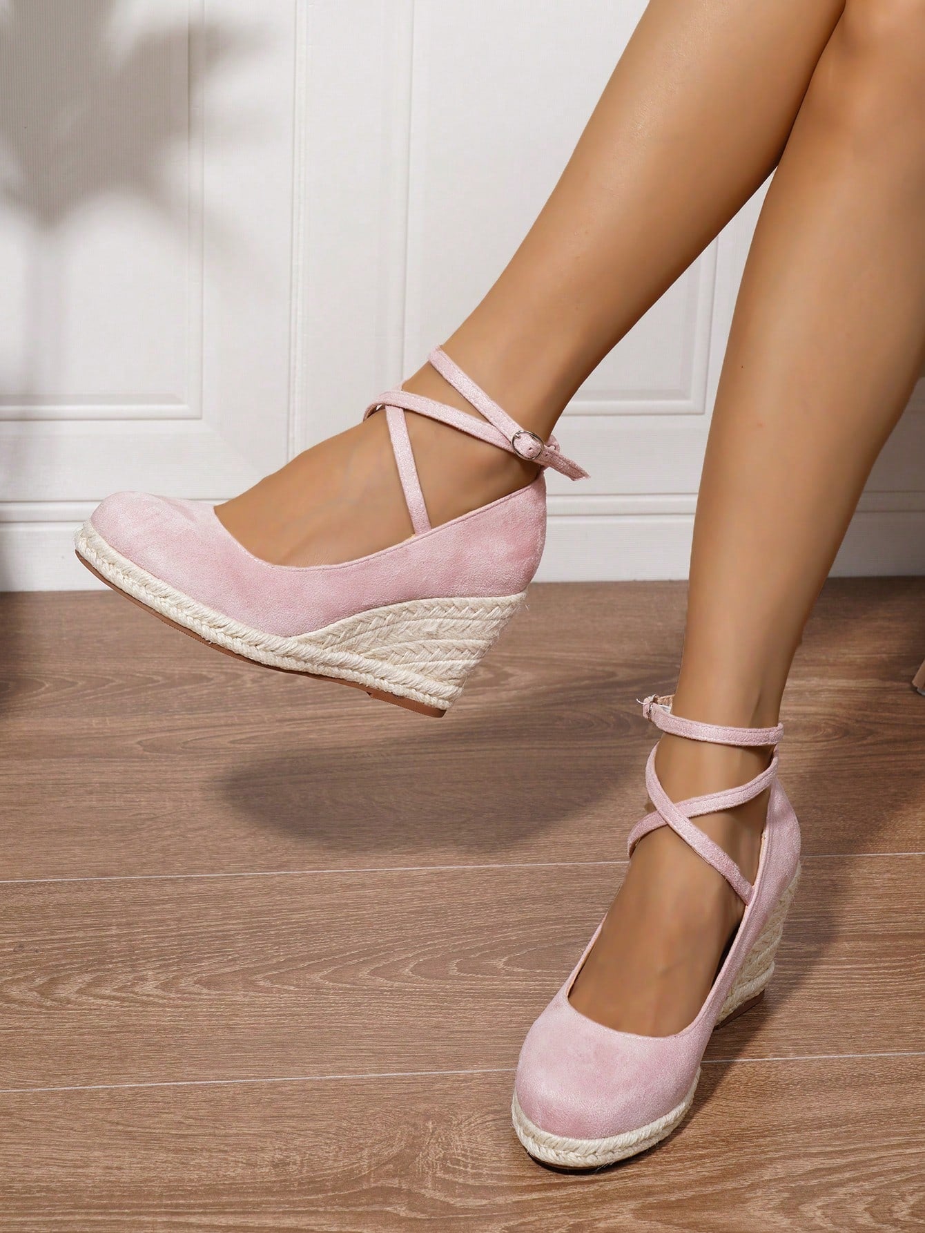 Women Minimalist Ankle Strap Espadrille Shoes, Vacation Faux Suede Court Wedges