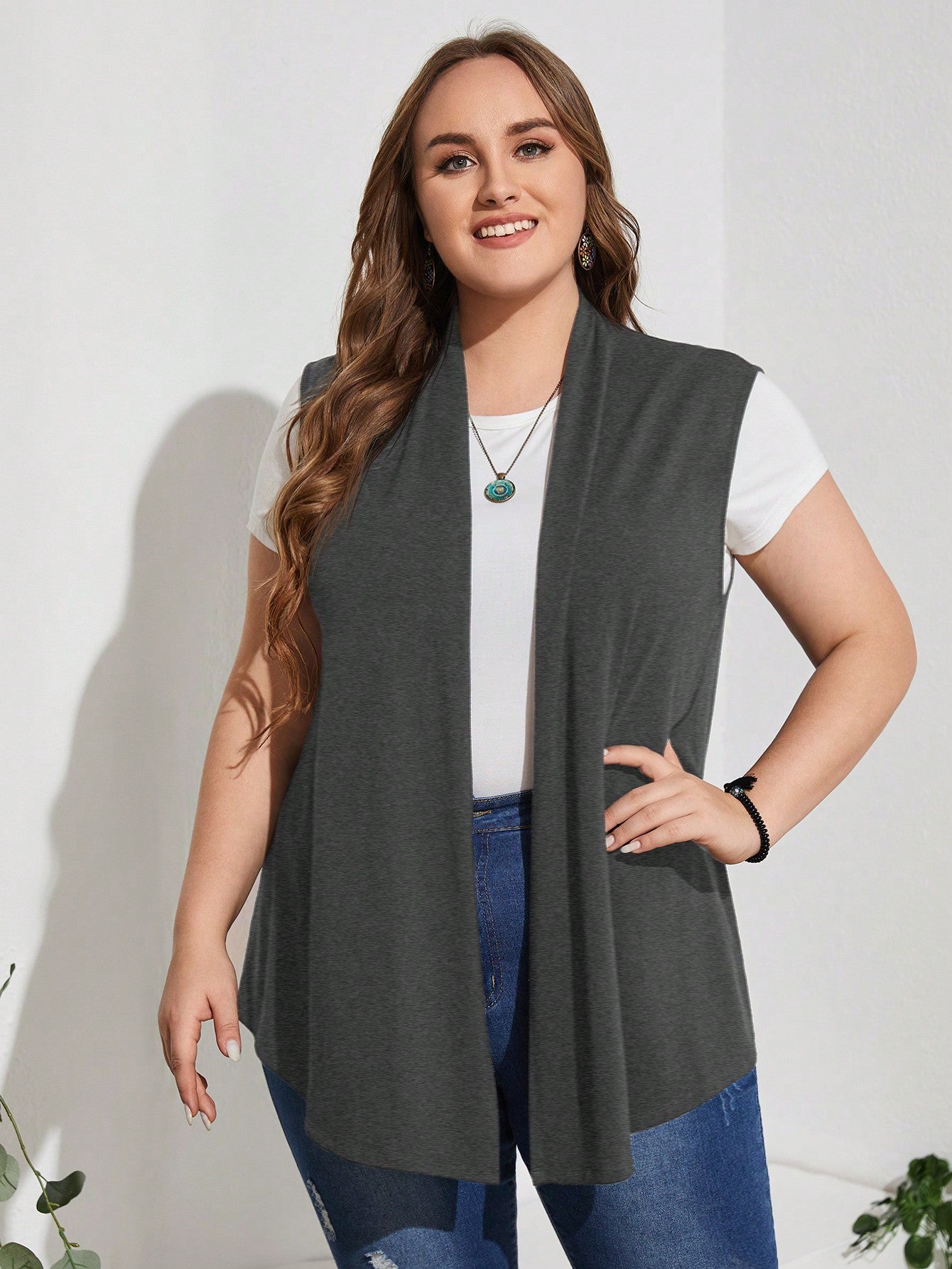 Plus Solid Open Front Vest Coat Without Tee