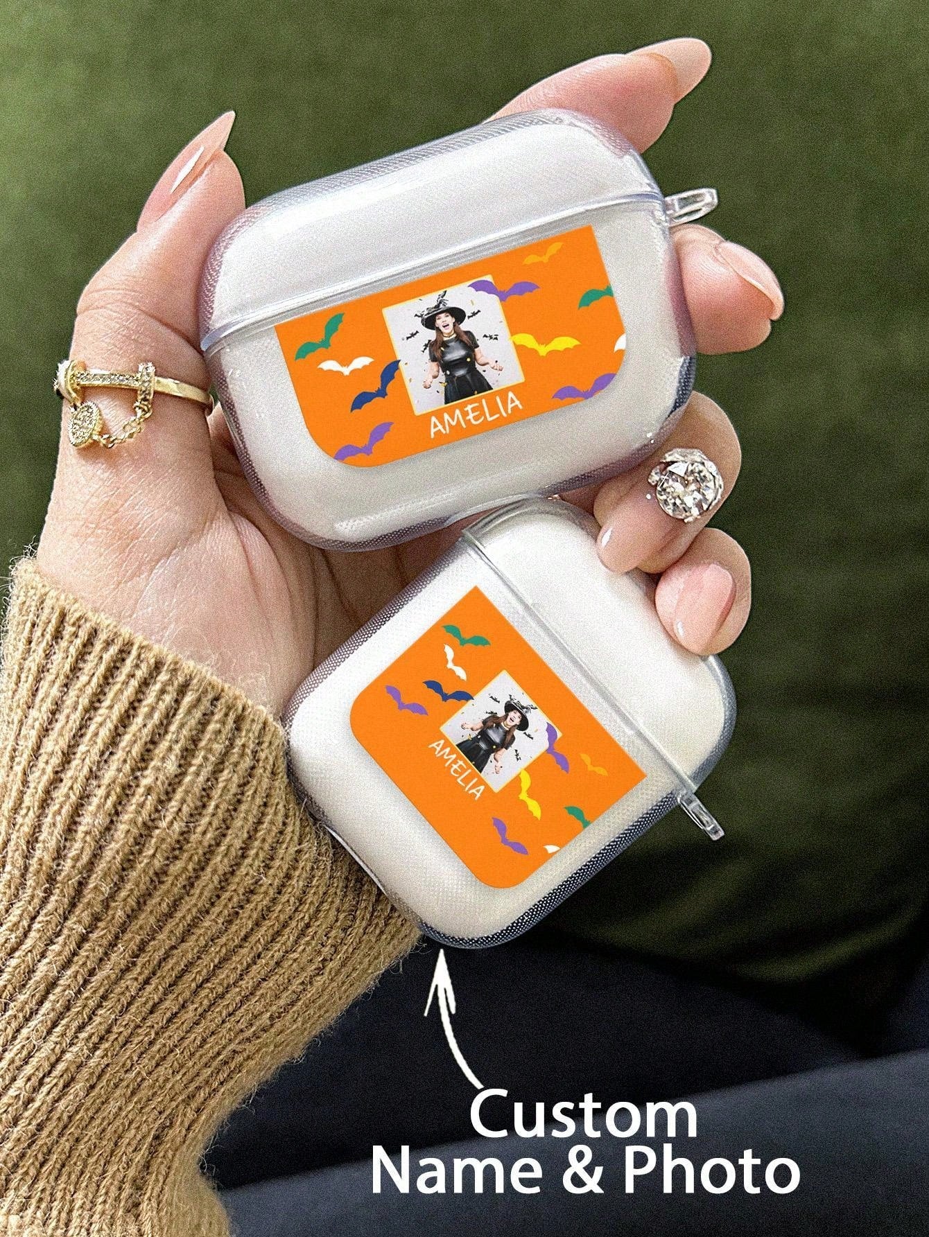 1pc Custom Name Custom Photo Airpods Case Personalized Funny Halloween Ghost Pumpkin Bats Creepy Candles Purple Eyeballs Moon Cat Airpods Case DIY Transparent TPU Shell, For AirPods 1/2/3/Pro/Pro 2, Prevent Scratches, Dust, Wear And Tear, Halloween Spooky