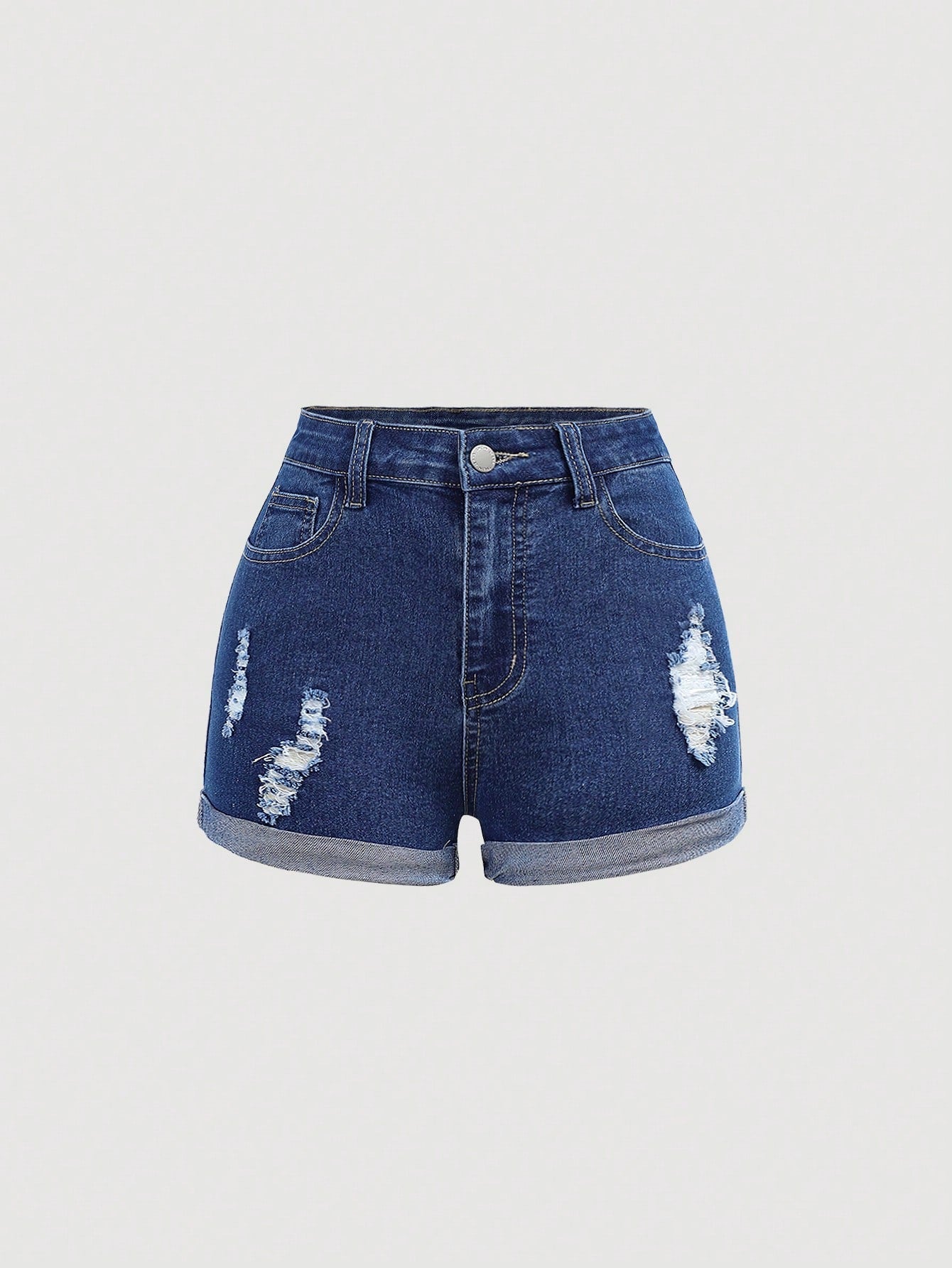 Teen Girl Distressed Denim Shorts With Rolled Hem And Patchwork Pocket, Casual And Daily Wear