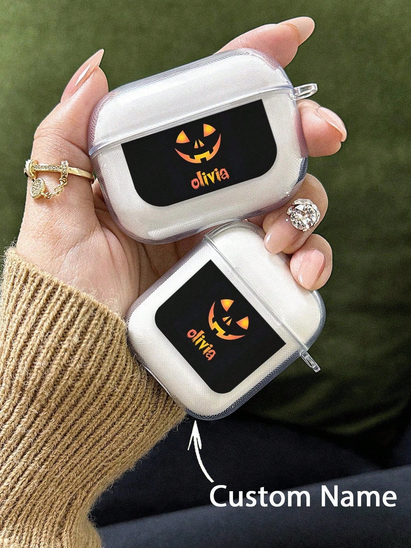 1pc Custom Name Custom Photo Airpods Case Personalized Funny Halloween Ghost Pumpkin Bats Creepy Candles Purple Eyeballs Moon Cat Airpods Case DIY Transparent TPU Shell, For AirPods 1/2/3/Pro/Pro 2, Prevent Scratches, Dust, Wear And Tear, Halloween Spooky