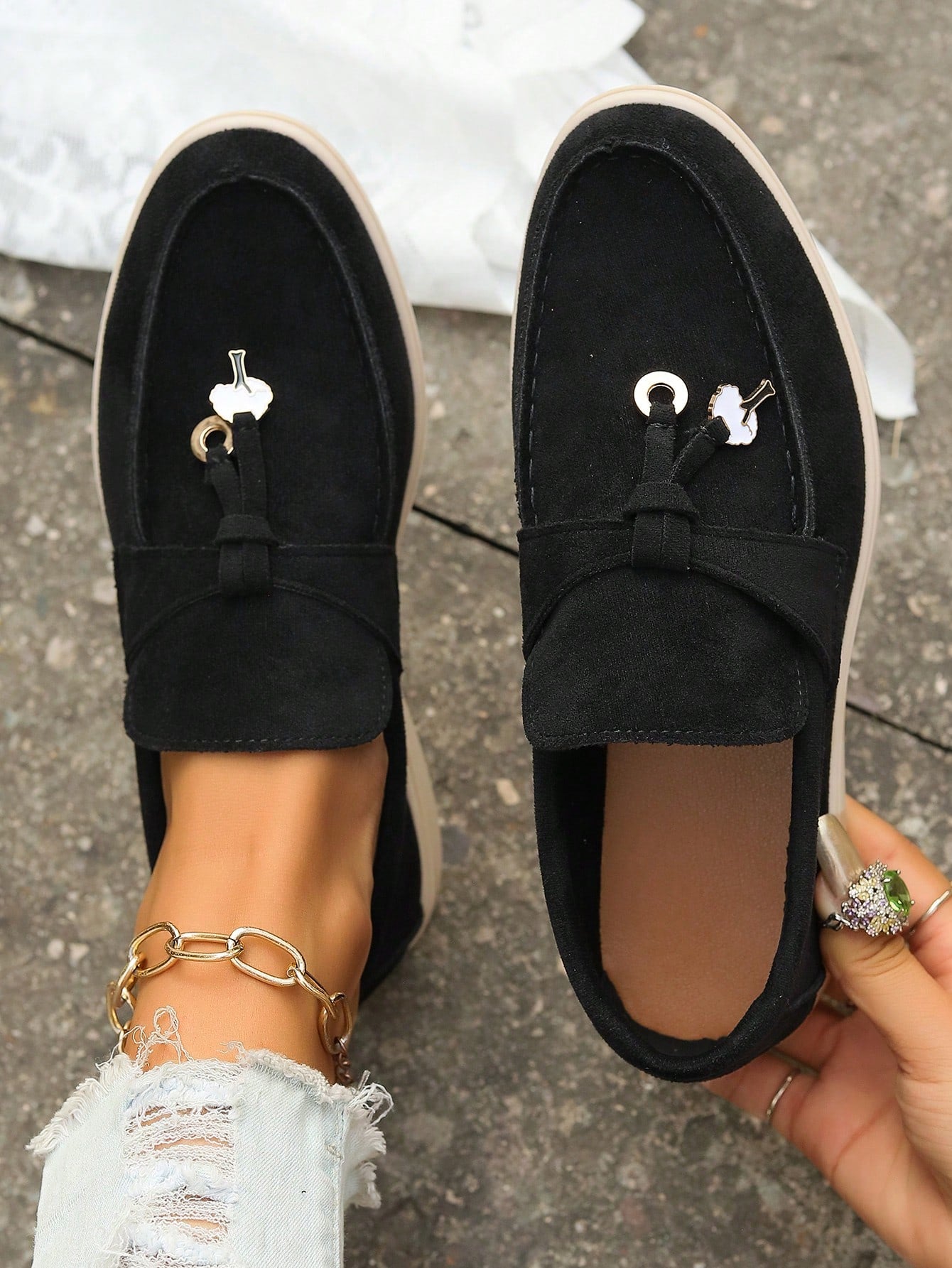 Women Metal Ring Decorated Casual Penny Loafers Flat Shoes