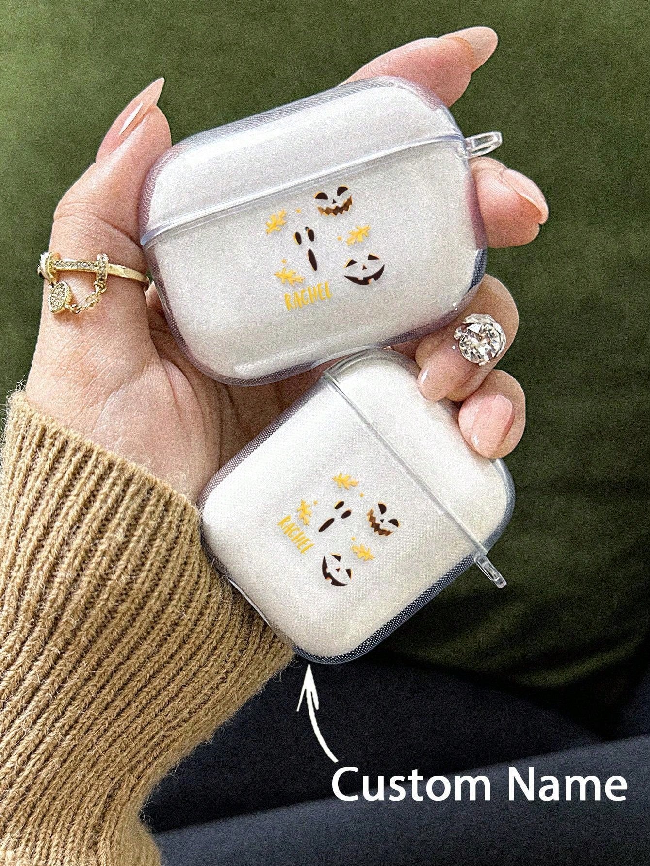 1pc Custom Name Custom Photo Airpods Case Personalized Funny Halloween Ghost Pumpkin Bats Creepy Candles Purple Eyeballs Moon Cat Airpods Case DIY Transparent TPU Shell, For AirPods 1/2/3/Pro/Pro 2, Prevent Scratches, Dust, Wear And Tear, Halloween Spooky