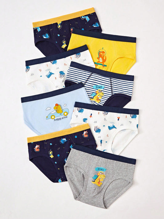 Young Boy Color-Contrast Dinosaur & Starry Sky Printed Triangle Underwear With Contrast Trim, 8-Pack