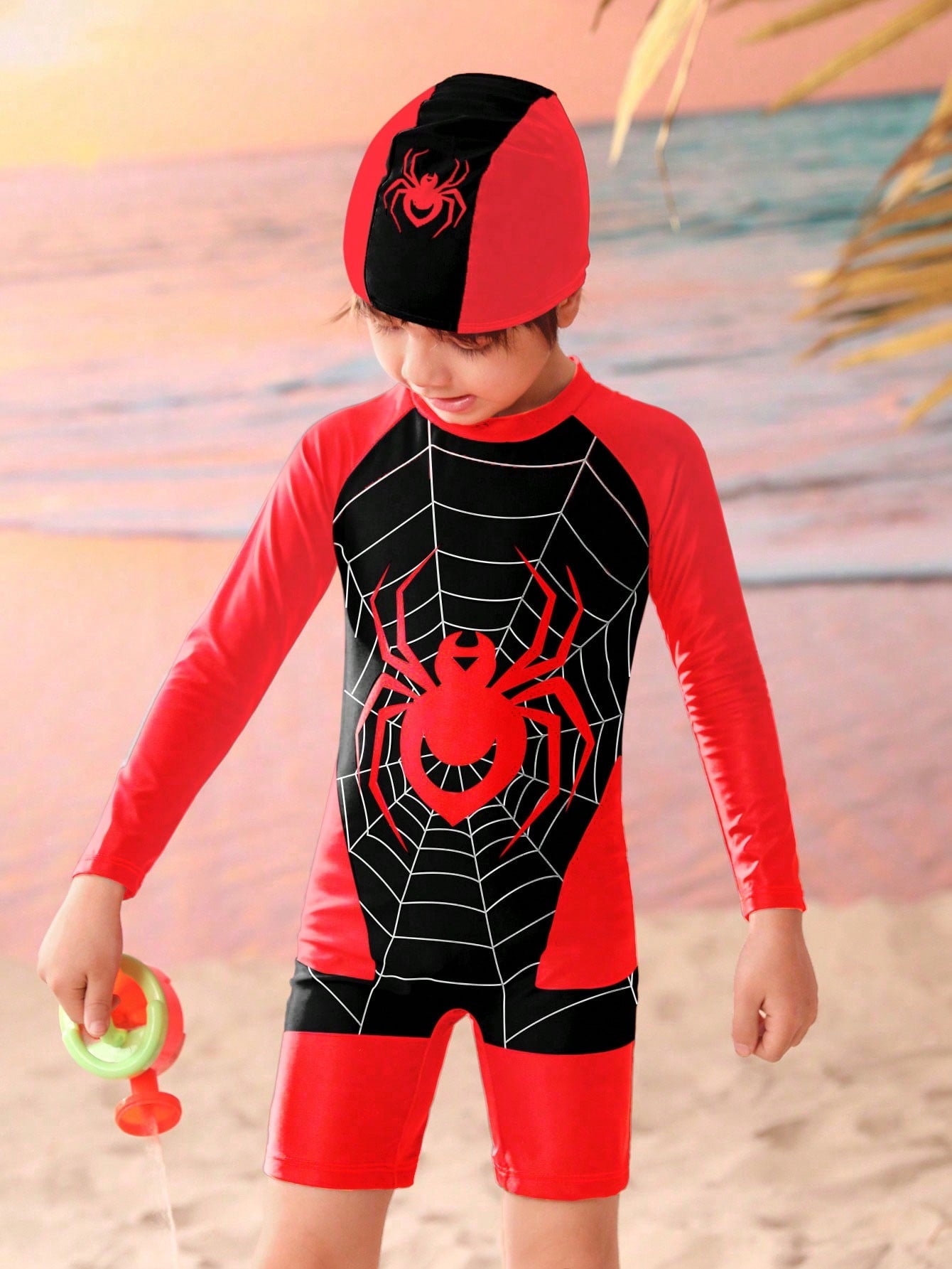 Young Boy Spider Print One-Piece Swimsuit With Free Swimming Cap, Long Sleeve Bathing Suit Beach Outfit Rash Guard Summer Vacation