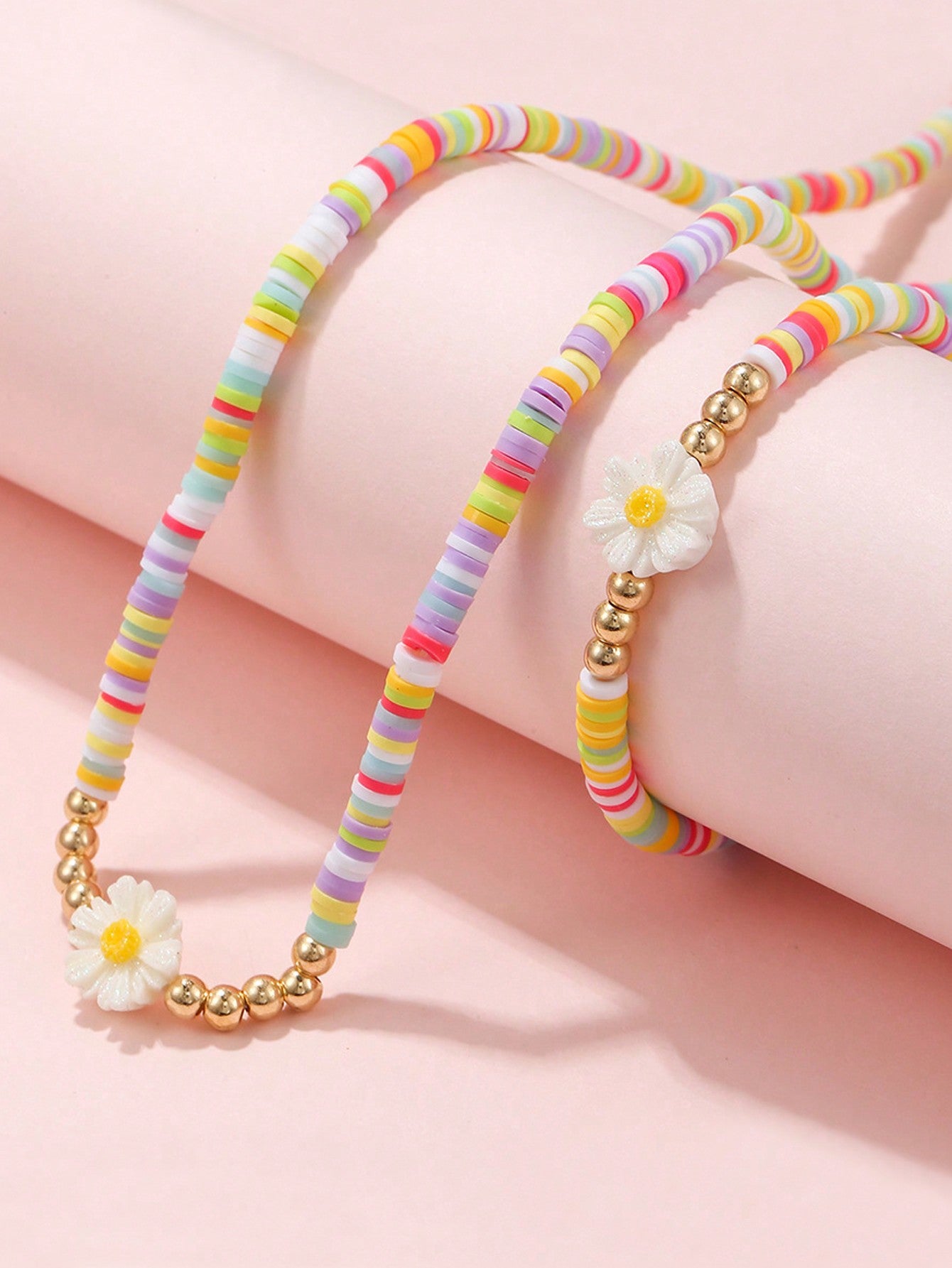 2pcs/Set Cute Daisy Colored Soft Ceramic Necklace And Bracelet Set For Kids