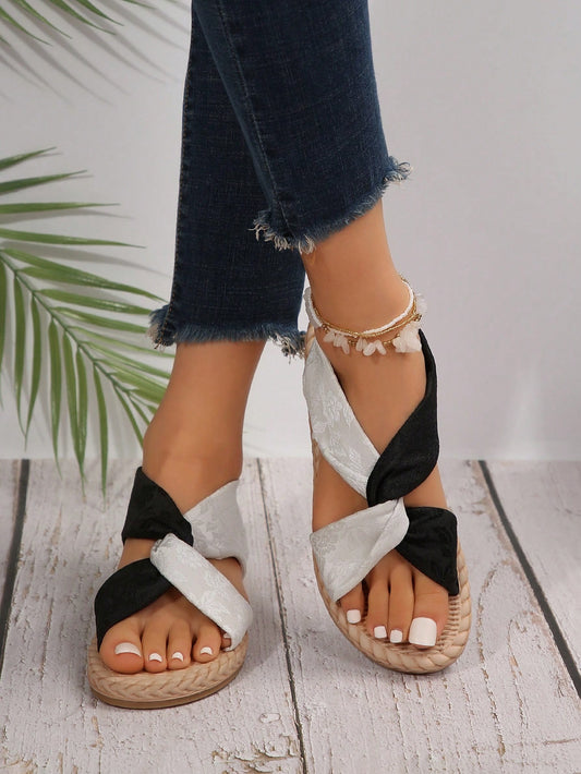 Women Lightweight Crossed Black And White Fabric Outdoor Sandals